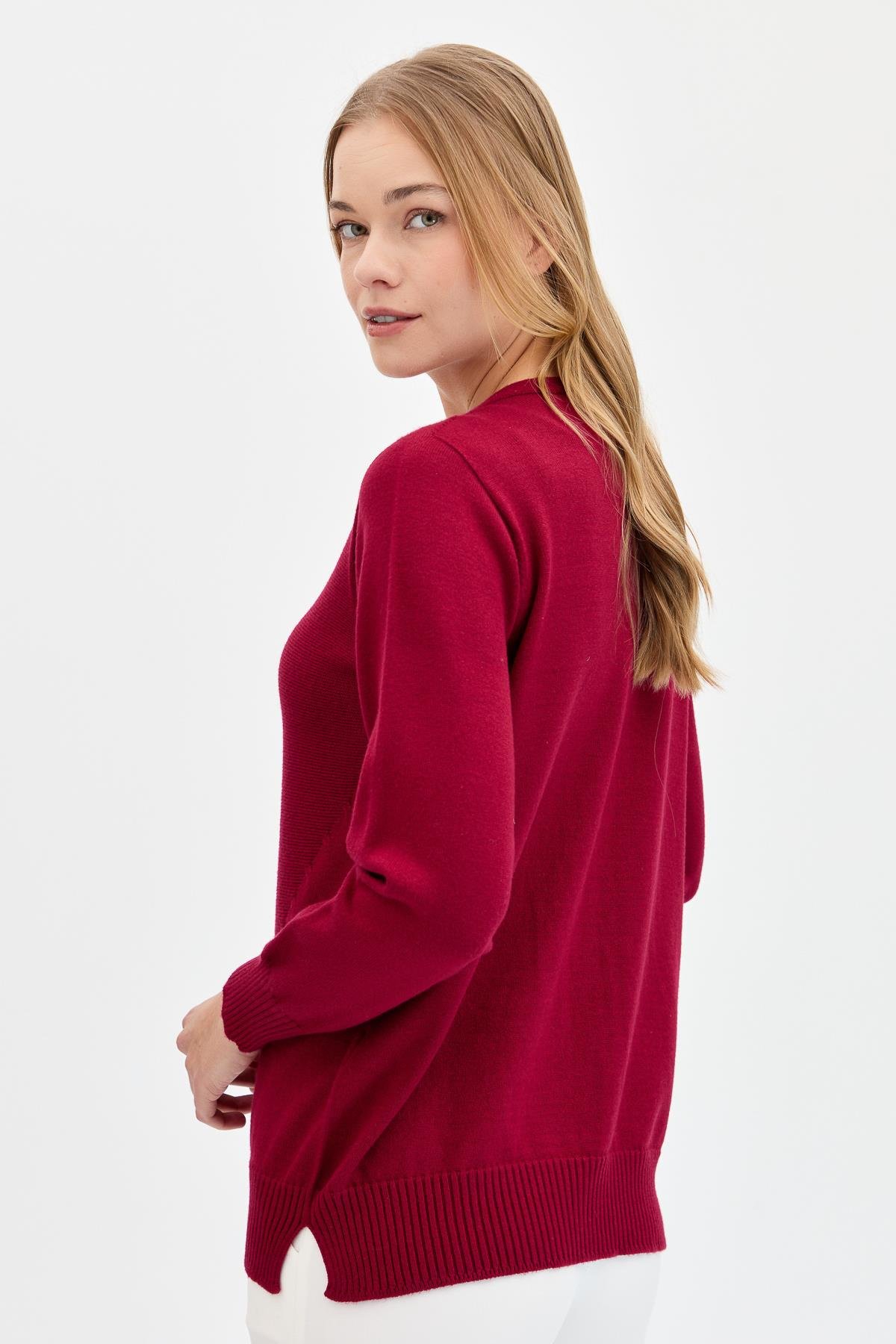 24185Kadın Sıfır Yaka Önü Saç Örgülü Kazak V.Çürüğü