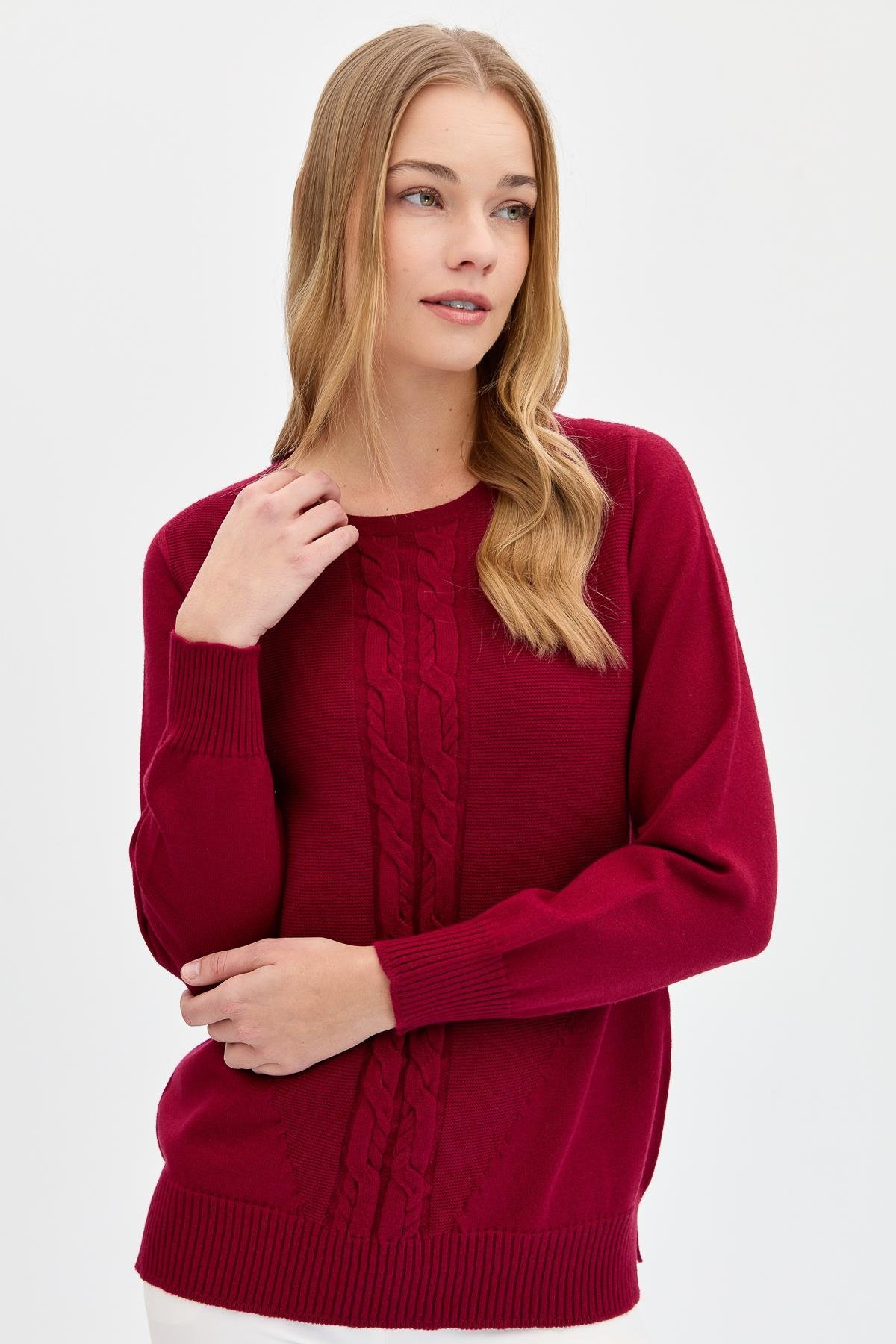 24185Kadın Sıfır Yaka Önü Saç Örgülü Kazak V.Çürüğü