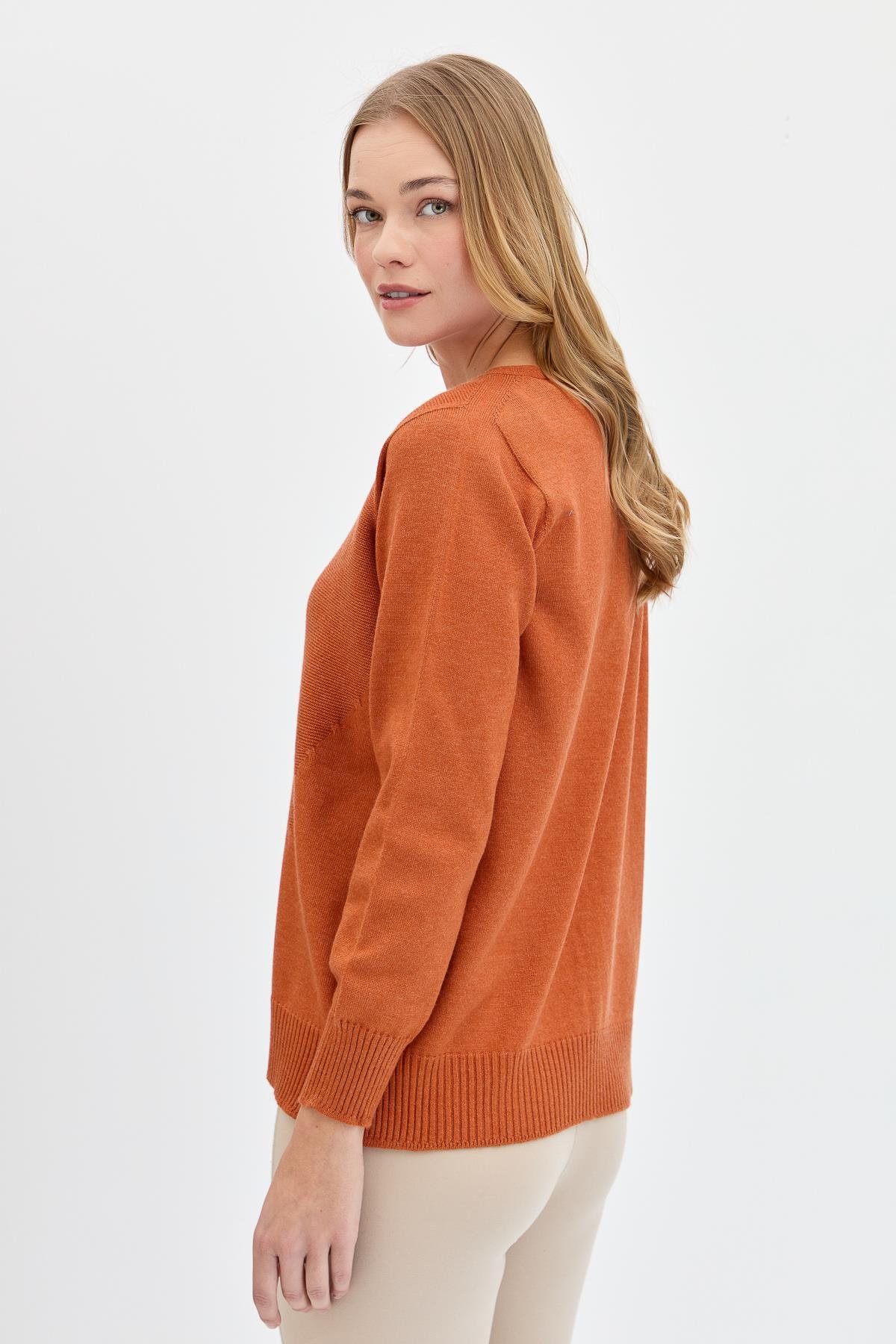 24185Kadın Sıfır Yaka Önü Saç Örgülü Kazak Turuncu