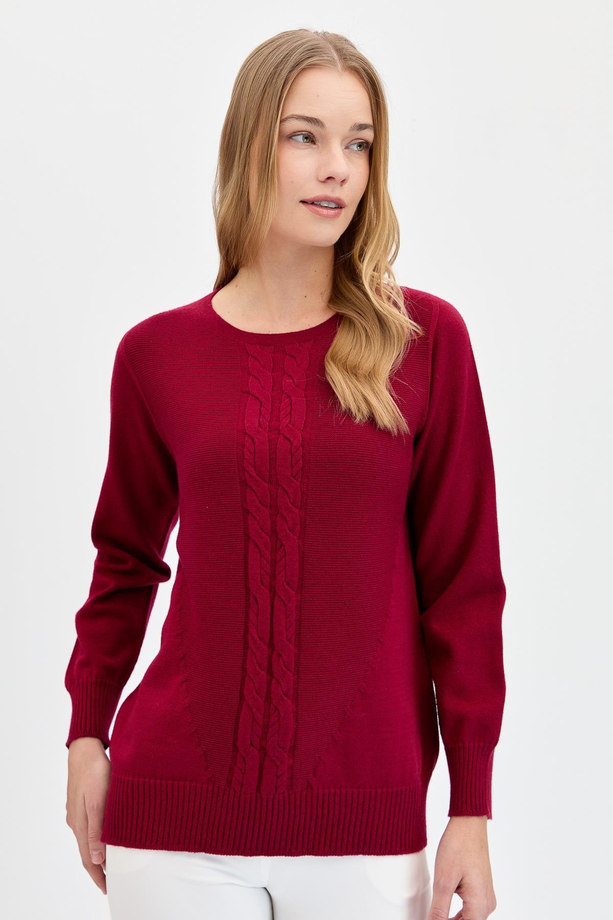 24185Kadın Sıfır Yaka Önü Saç Örgülü Kazak V.Çürüğü