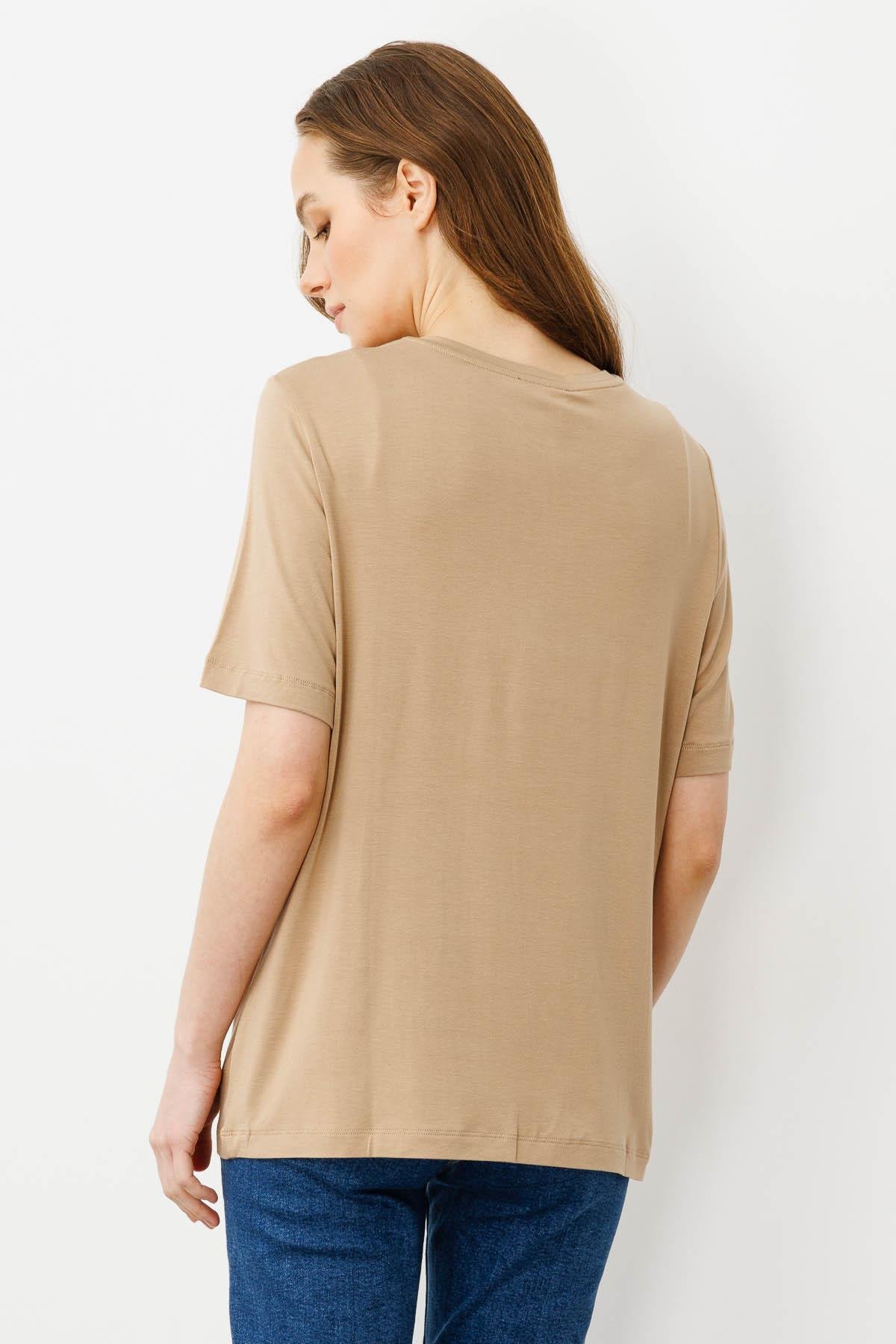 25834Kadın Sıfır Yaka Önü Taş Baskılı Penye T-shirt Vizon