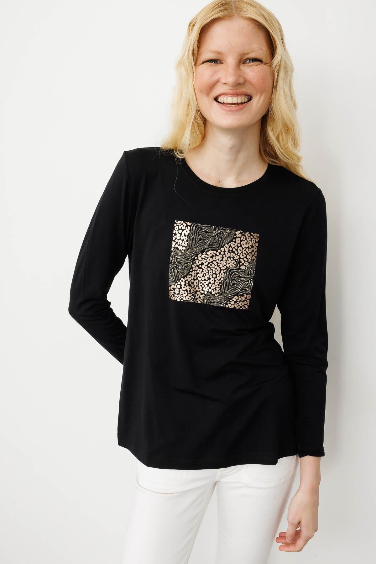 25835Kadın Sıfır Yaka Önü Taş Baskılı Penye Bluz Siyah