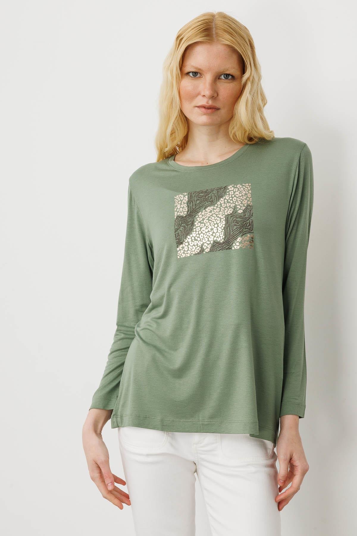 25835Kadın Sıfır Yaka Önü Taş Baskılı Penye Bluz Haki