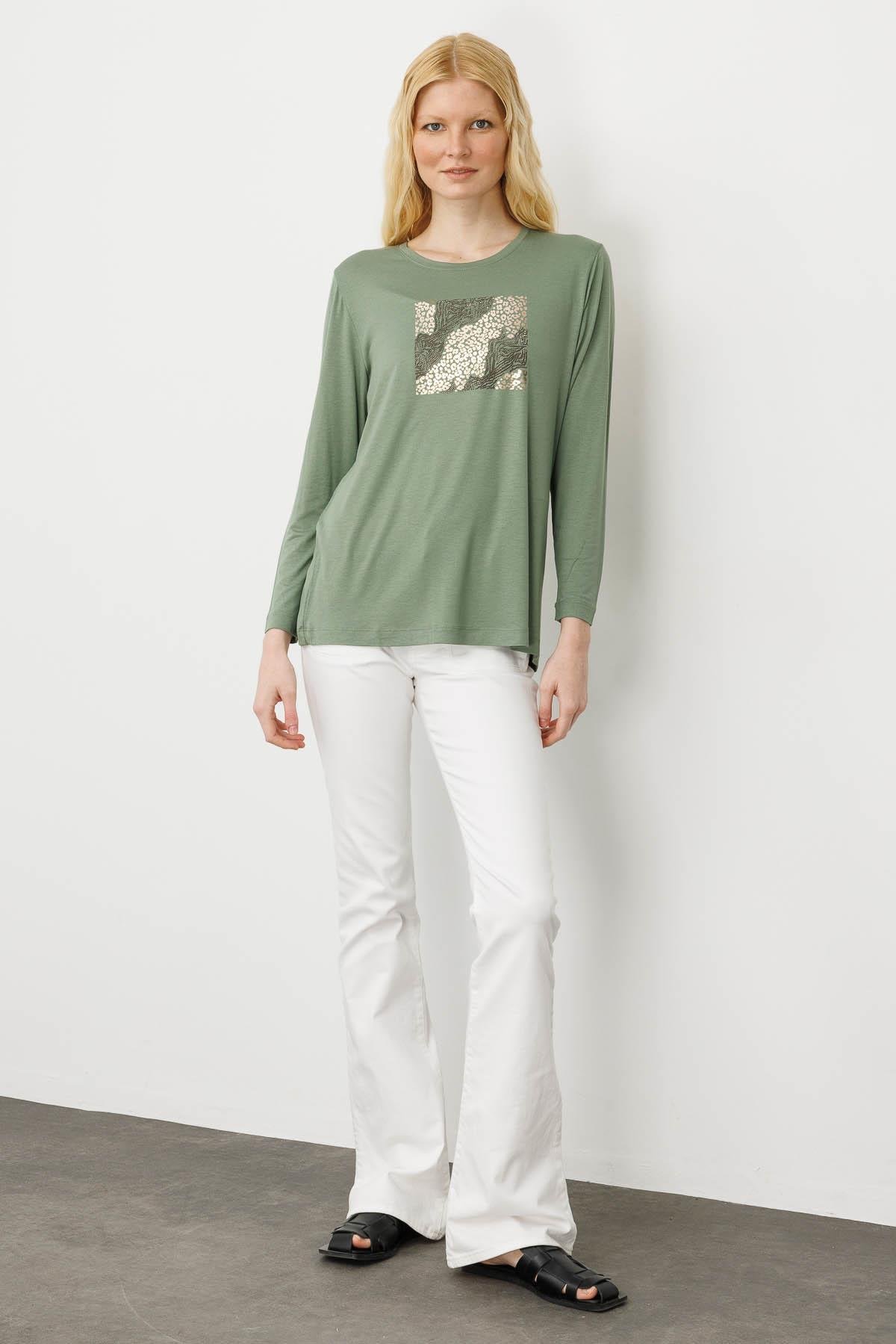 25835Kadın Sıfır Yaka Önü Taş Baskılı Penye Bluz Haki