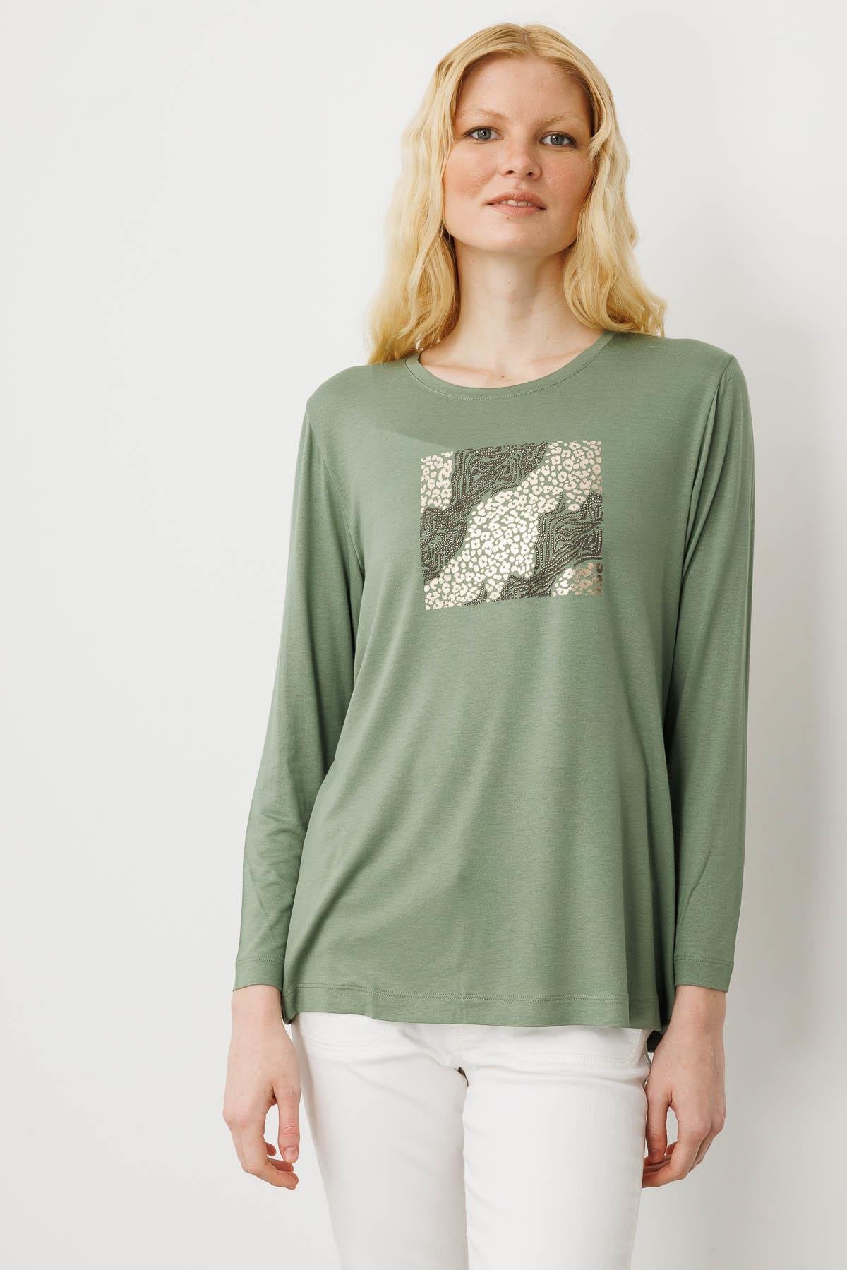 25835Kadın Sıfır Yaka Önü Taş Baskılı Penye Bluz Haki