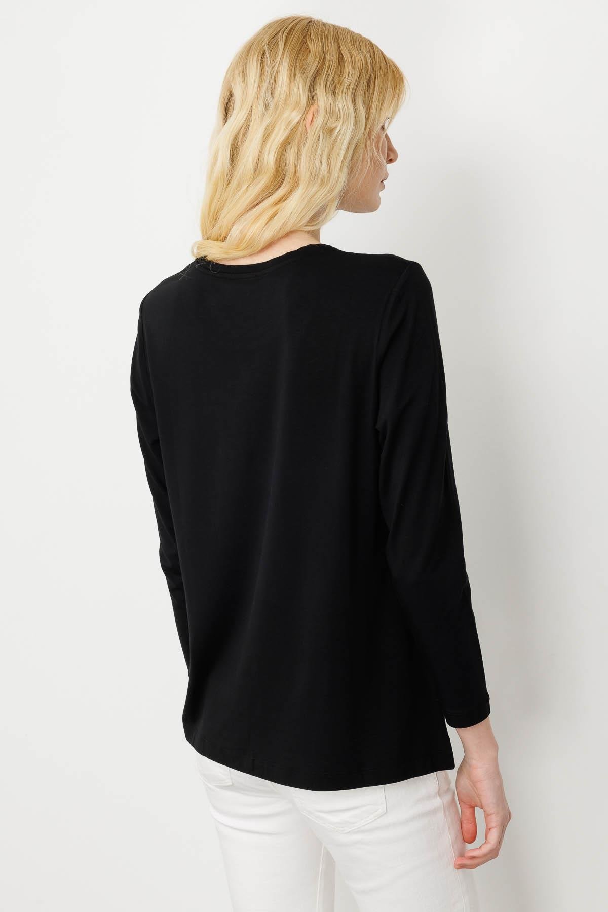 25835Kadın Sıfır Yaka Önü Taş Baskılı Penye Bluz Siyah