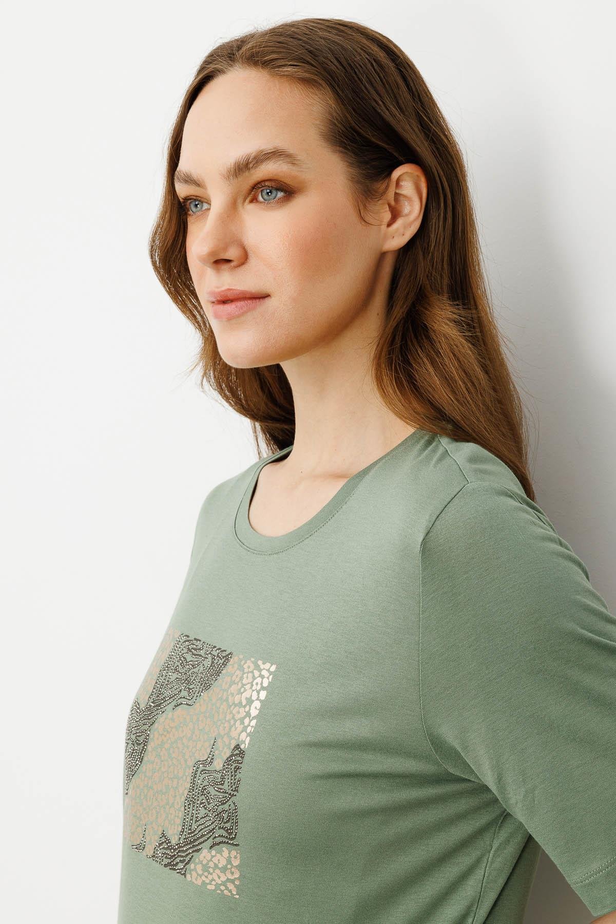 25834Kadın Sıfır Yaka Önü Taş Baskılı Penye T-shirt Haki