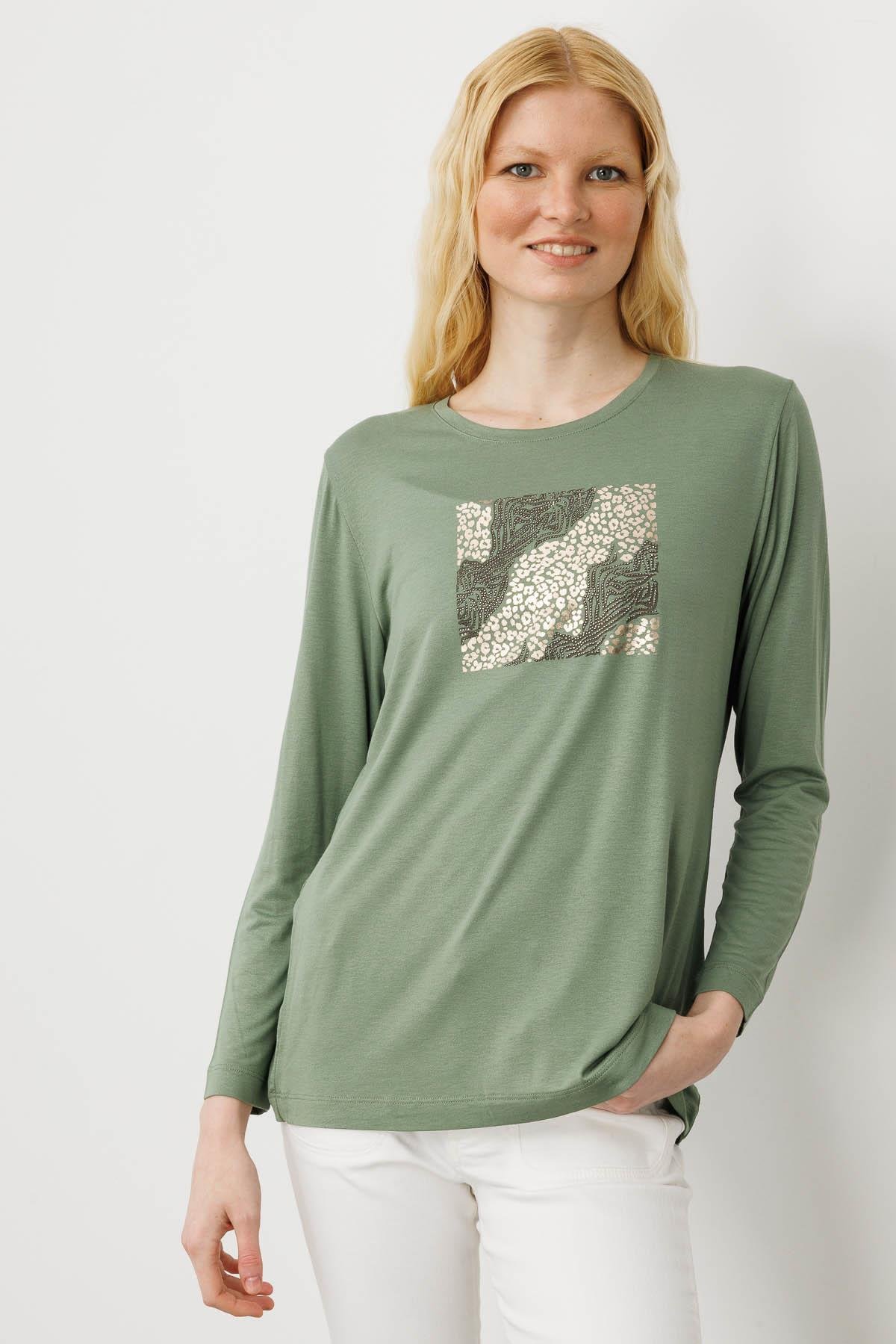 25835Kadın Sıfır Yaka Önü Taş Baskılı Penye Bluz Haki