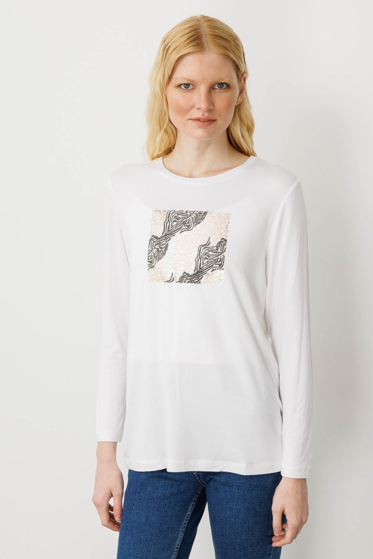 25835Kadın Sıfır Yaka Önü Taş Baskılı Penye Bluz Ekru