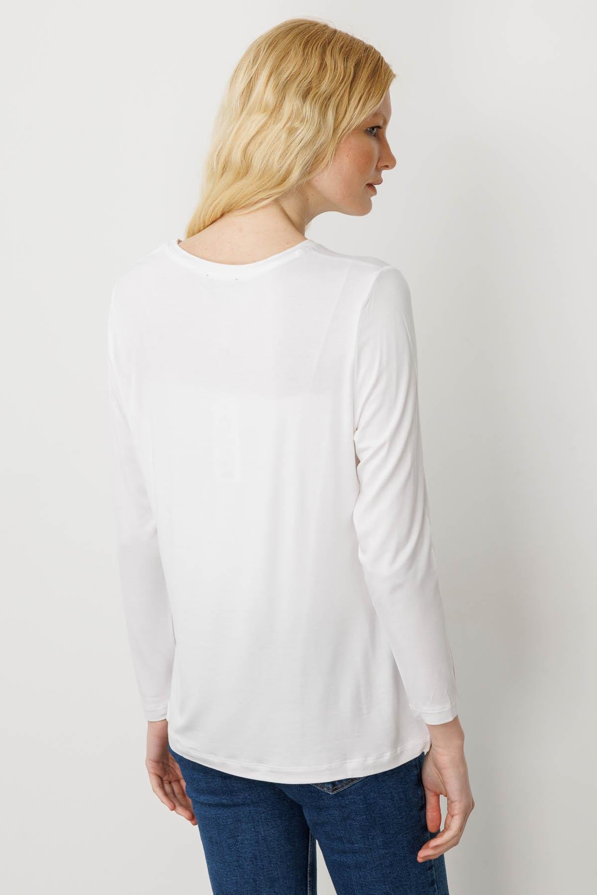 25835Kadın Sıfır Yaka Önü Taş Baskılı Penye Bluz Ekru