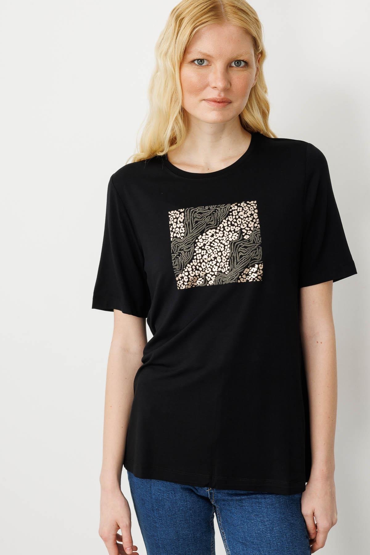 25834Kadın Sıfır Yaka Önü Taş Baskılı Penye T-shirt Siyah