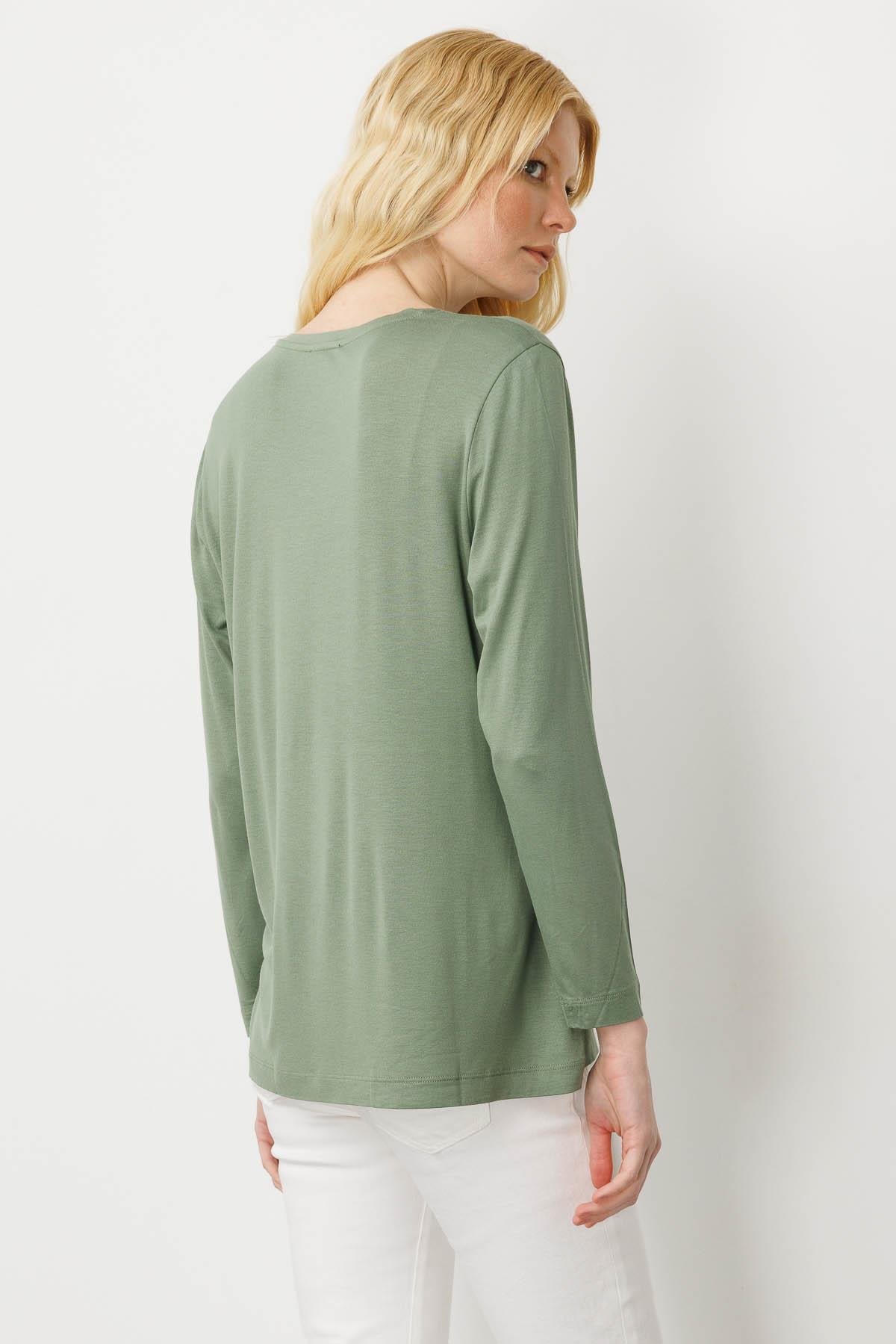 25835Kadın Sıfır Yaka Önü Taş Baskılı Penye Bluz Haki