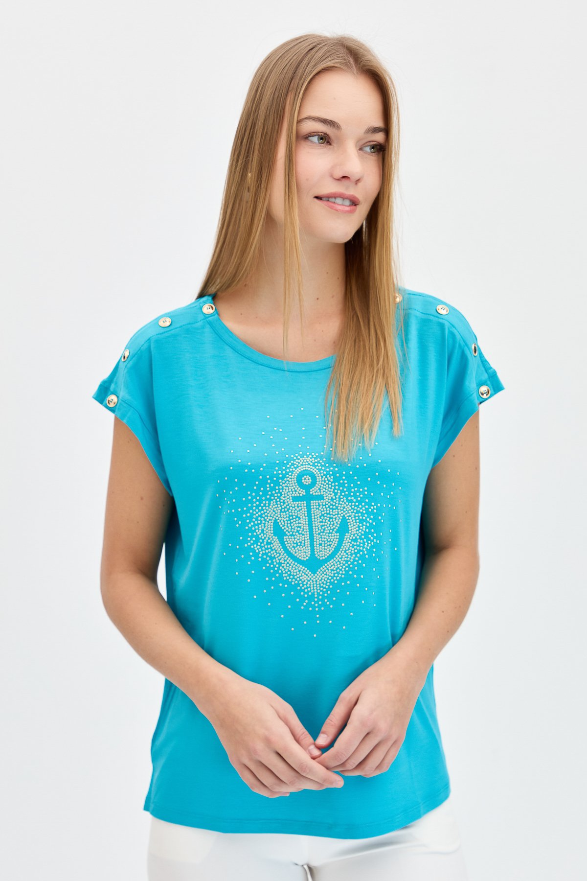 KMY24024Kadın Sıfır Yaka Önü Taşlı Çapalı Tshirt Mavi