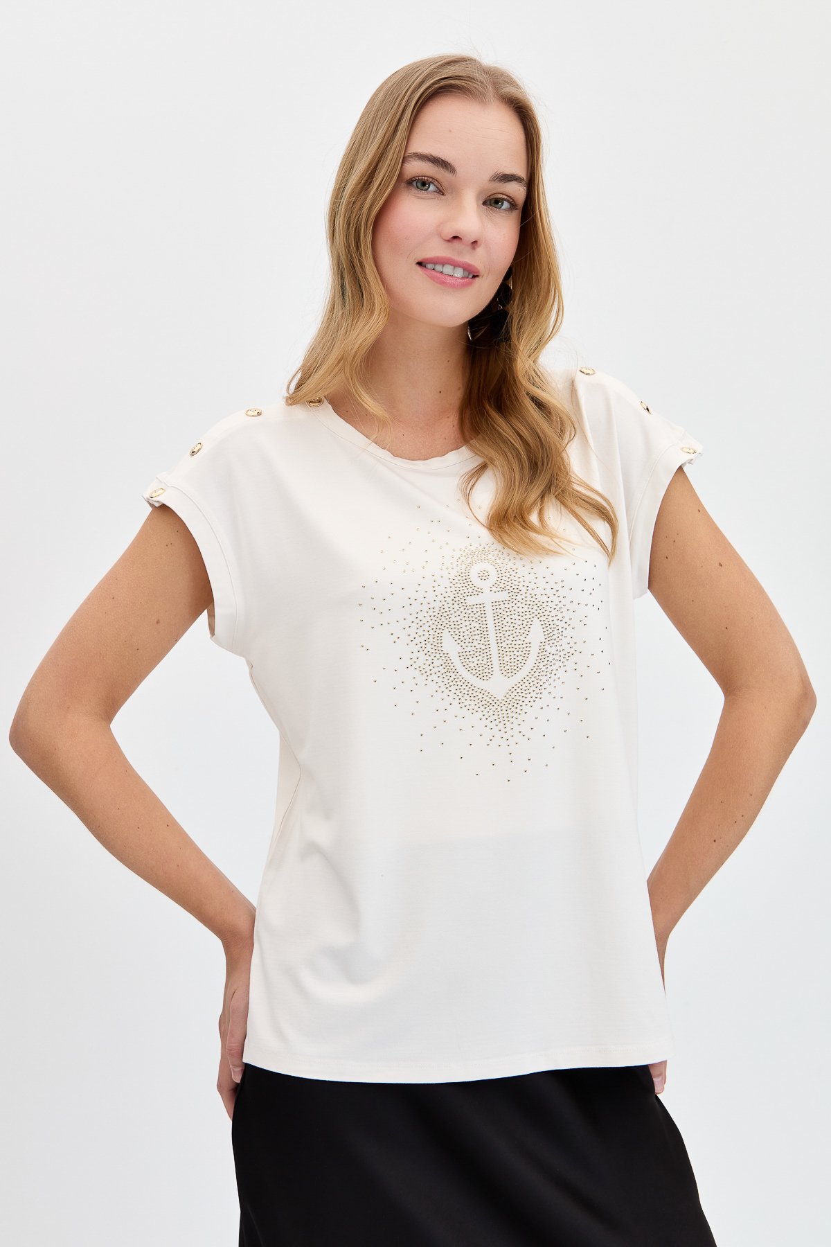 KMY24024Kadın Sıfır Yaka Önü Taşlı Çapalı Tshirt Ekru