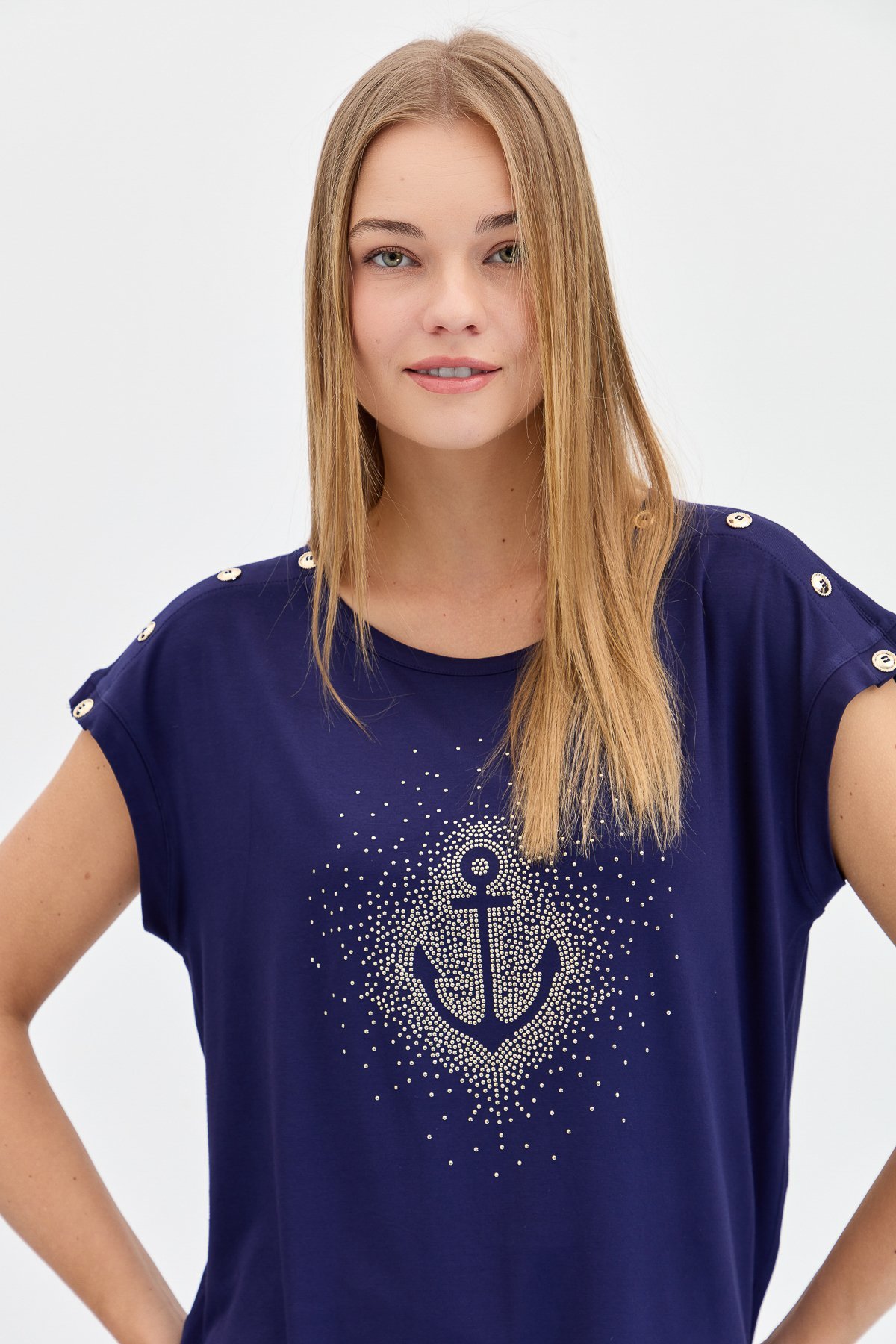 KMY24024Kadın Sıfır Yaka Önü Taşlı Çapalı Tshirt Lacivert