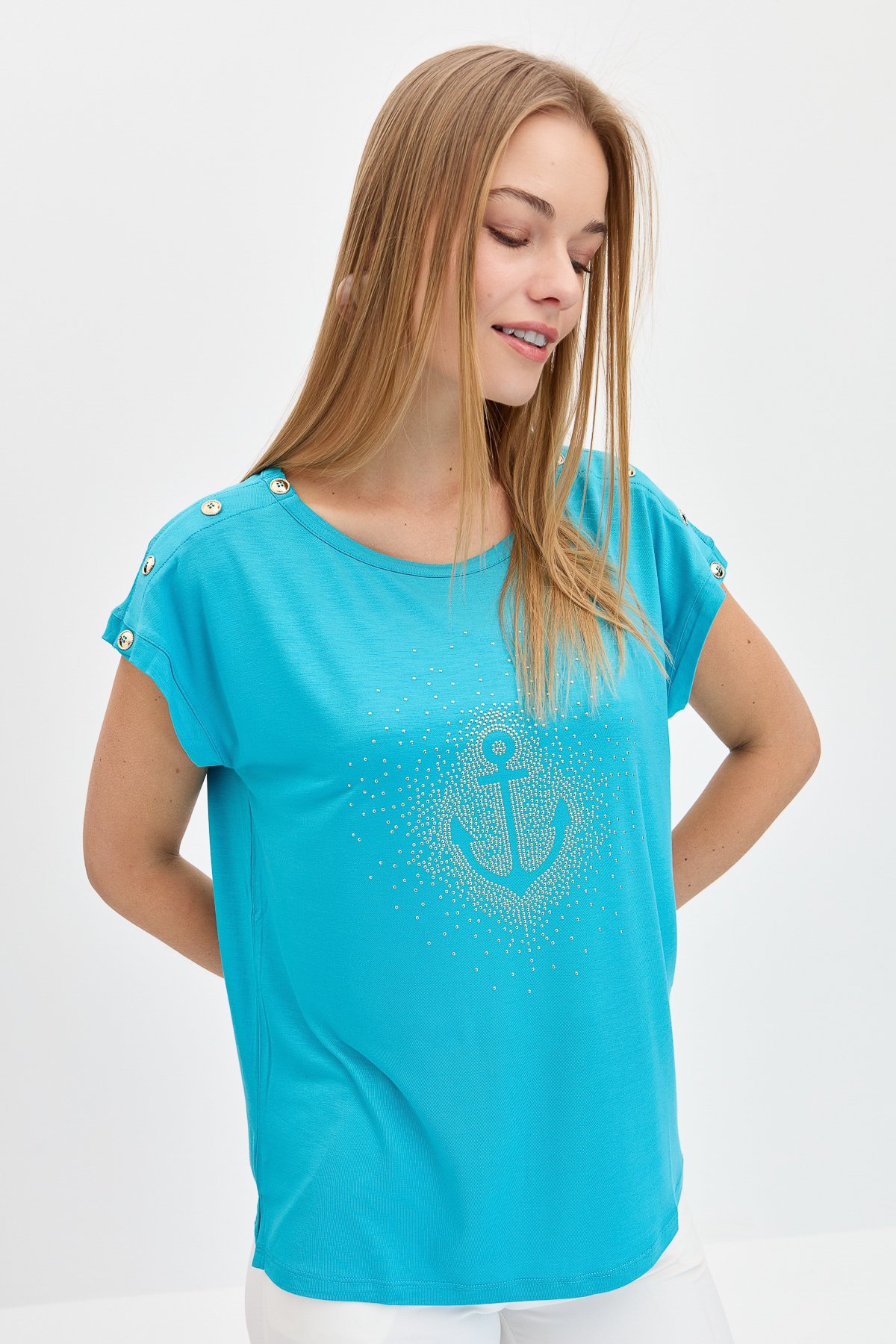 KMY24024Kadın Sıfır Yaka Önü Taşlı Çapalı Tshirt Mavi