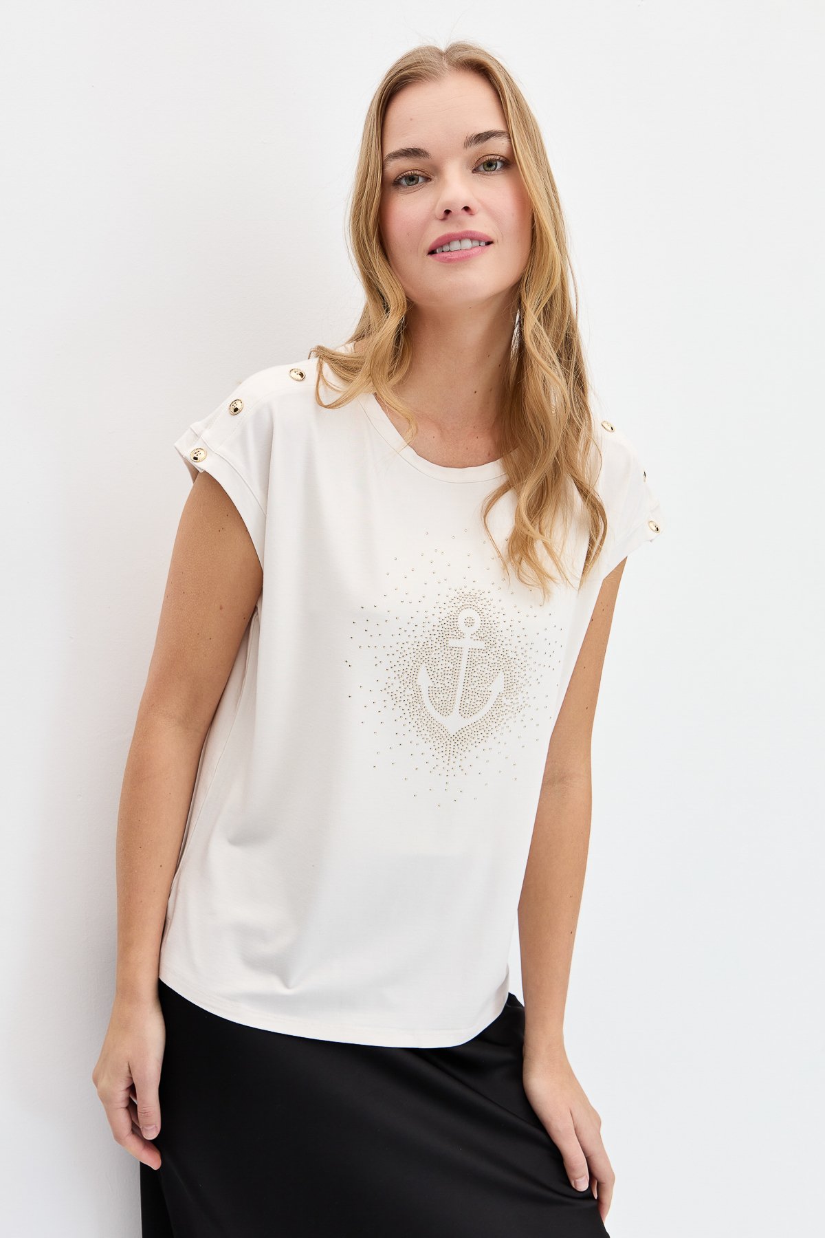 KMY24024Kadın Sıfır Yaka Önü Taşlı Çapalı Tshirt Ekru