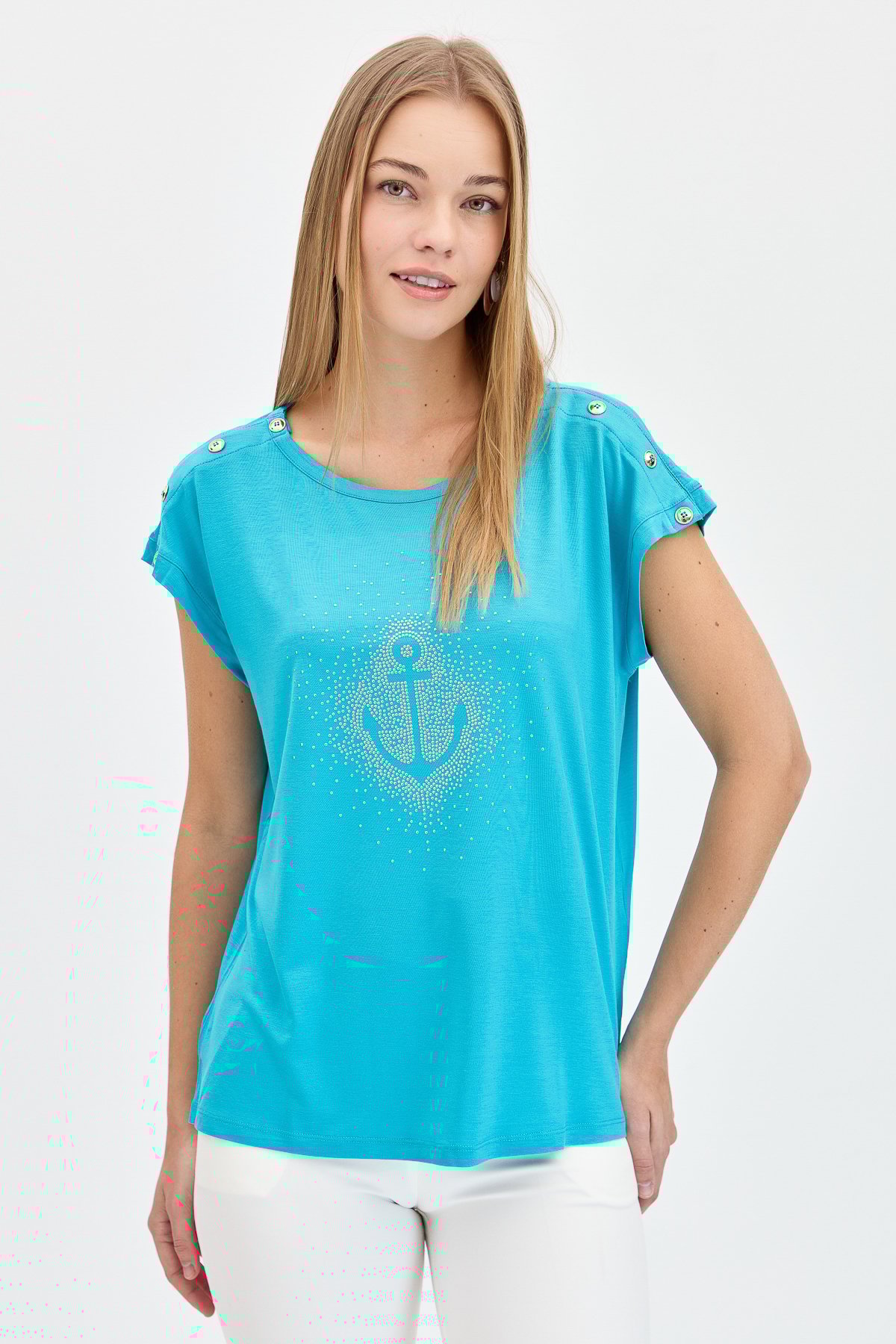 KMY24024Kadın Sıfır Yaka Önü Taşlı Çapalı Tshirt Mavi