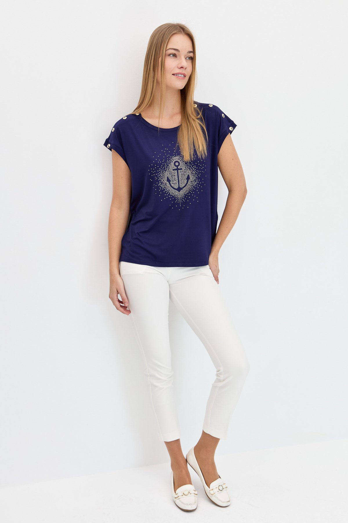 KMY24024Kadın Sıfır Yaka Önü Taşlı Çapalı Tshirt Lacivert