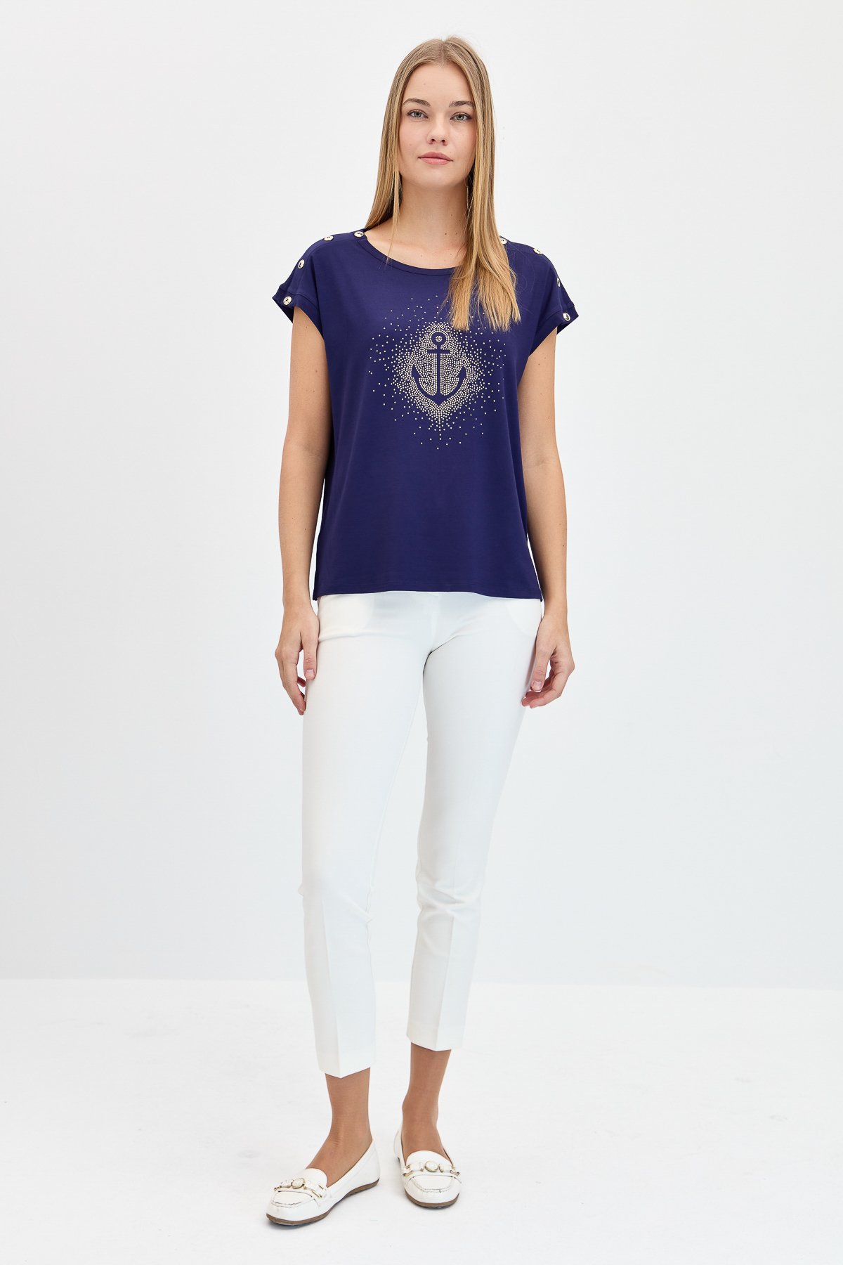 KMY24024Kadın Sıfır Yaka Önü Taşlı Çapalı Tshirt Lacivert