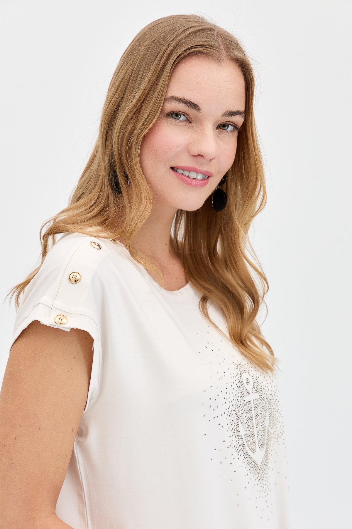 KMY24024Kadın Sıfır Yaka Önü Taşlı Çapalı Tshirt Ekru