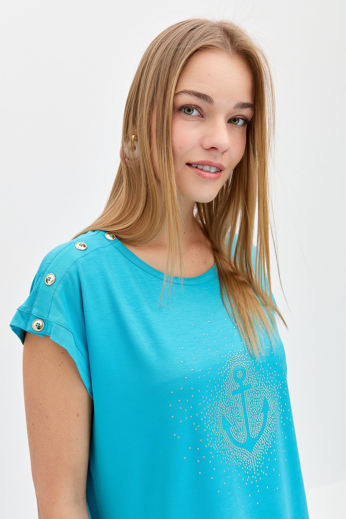 KMY24024Kadın Sıfır Yaka Önü Taşlı Çapalı Tshirt Mavi