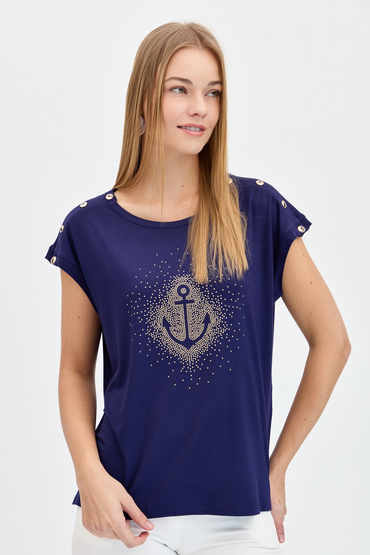 KMY24024Kadın Sıfır Yaka Önü Taşlı Çapalı Tshirt Lacivert