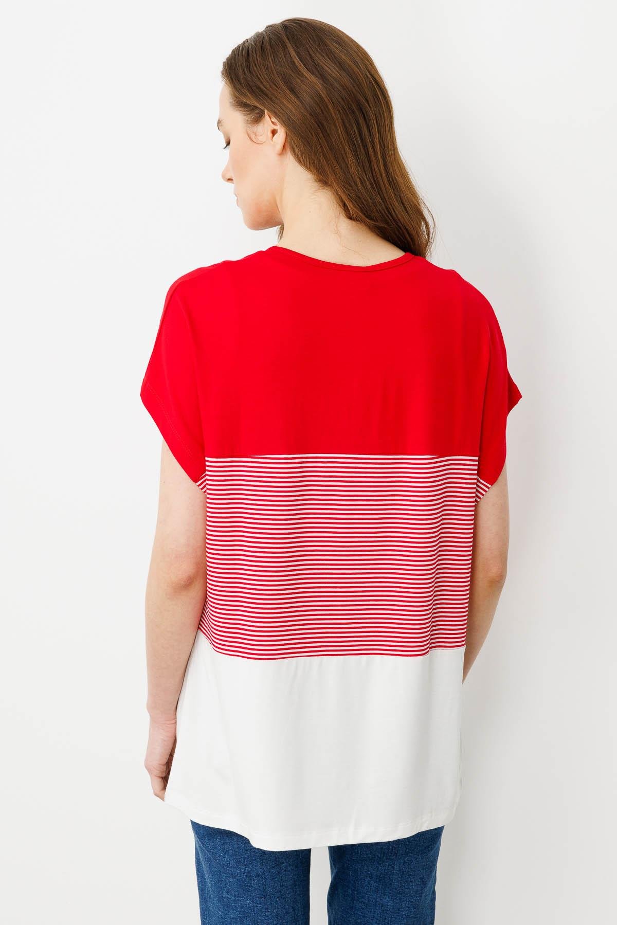 22760Kadın Sıfır Yaka Önü Taşlı Penye T-shirt Kırmızı