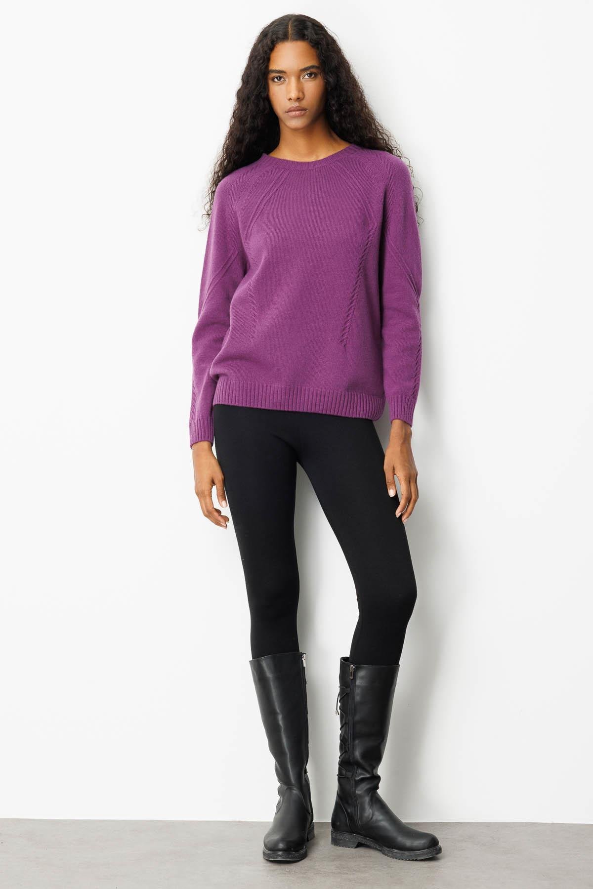 25221Kadın Sıfır Yaka Önü ve Kol Ortası Saç Örgü Yün Kazak A.Mor