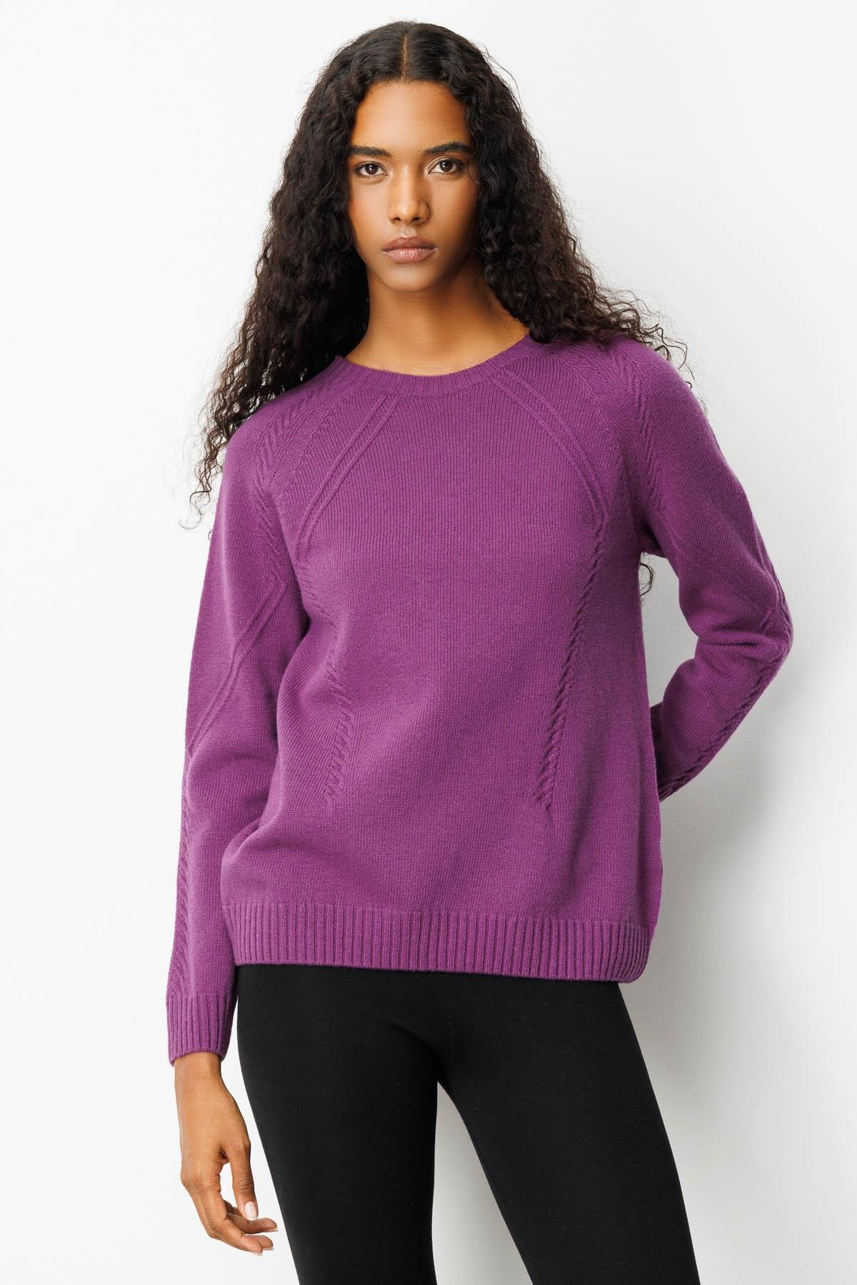 25221Kadın Sıfır Yaka Önü ve Kol Ortası Saç Örgü Yün Kazak A.Mor