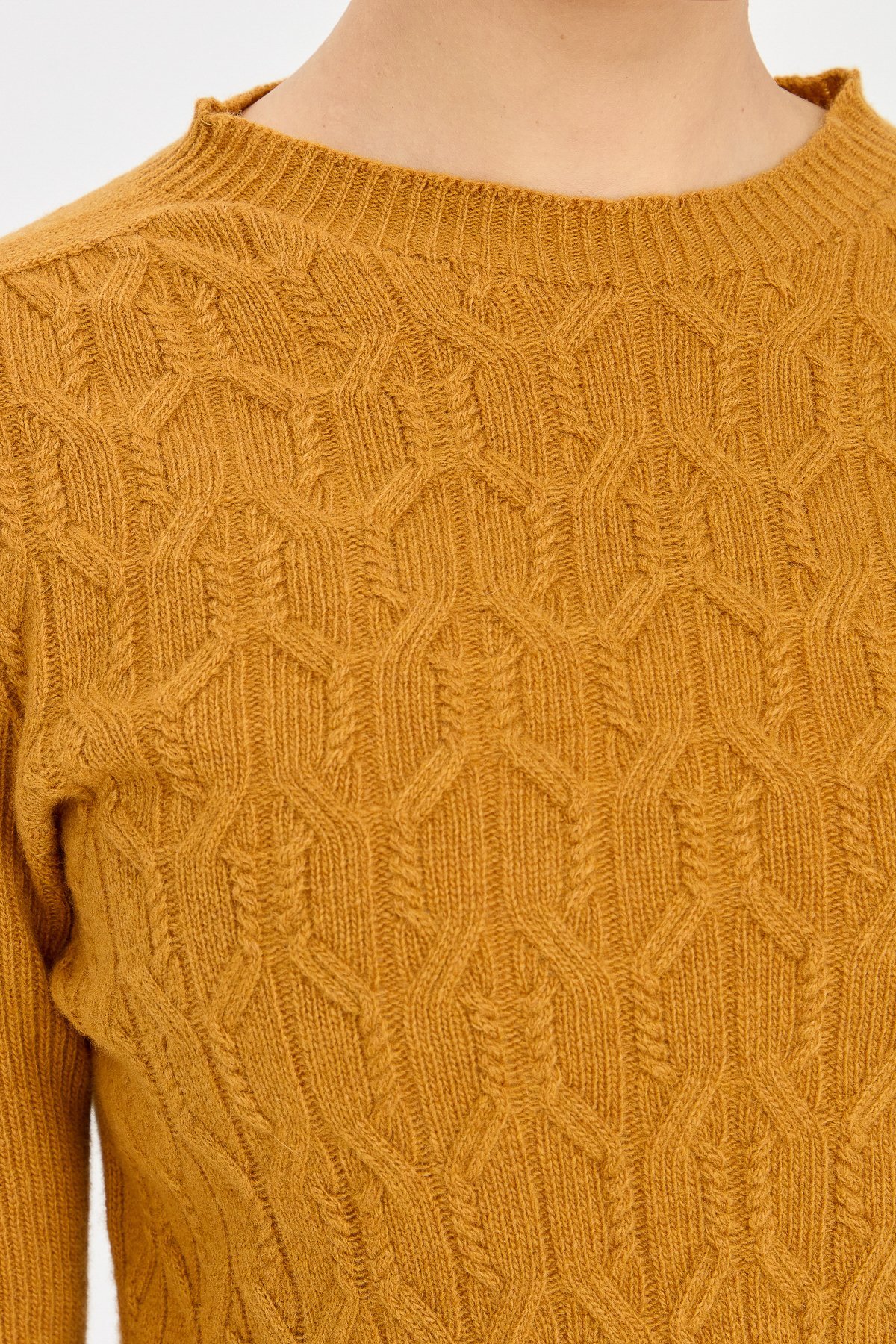 23152Kadın Sıfır Yaka Önü Yürütmeli Yün Kazak Hardal