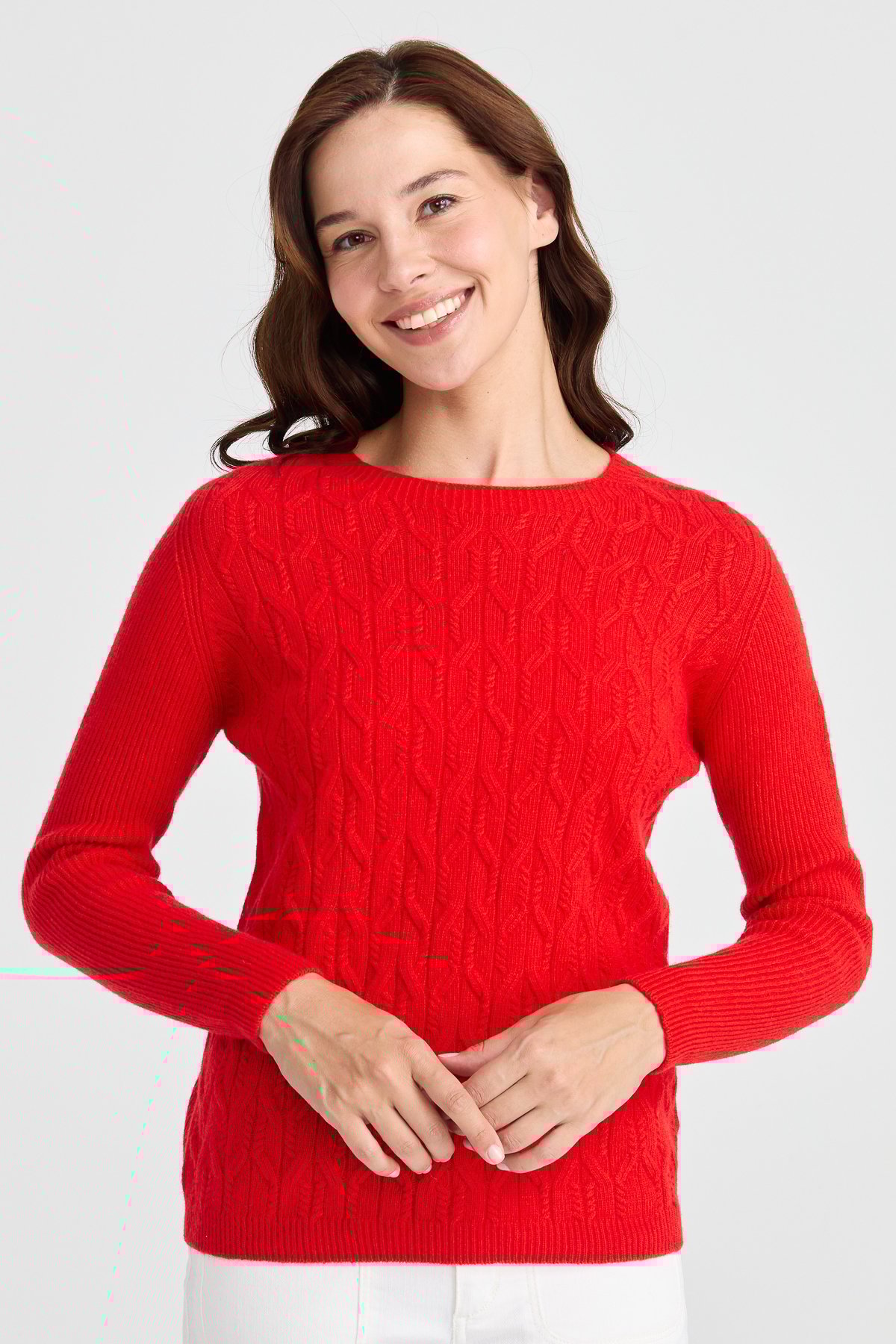 23152Kadın Sıfır Yaka Önü Yürütmeli Yün Kazak Mercan