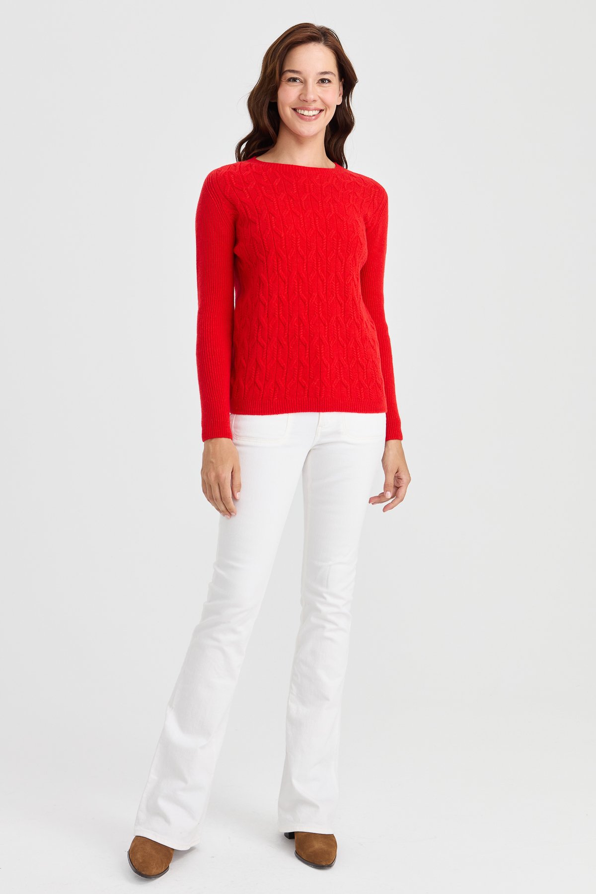 23152Kadın Sıfır Yaka Önü Yürütmeli Yün Kazak Mercan