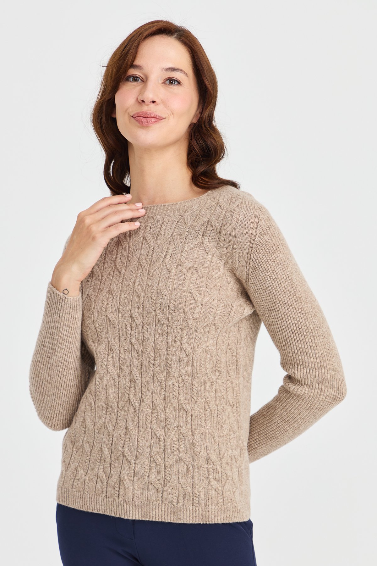 23152Kadın Sıfır Yaka Önü Yürütmeli Yün Kazak K.Bej