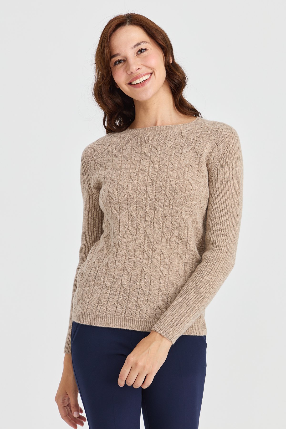 23152Kadın Sıfır Yaka Önü Yürütmeli Yün Kazak K.Bej