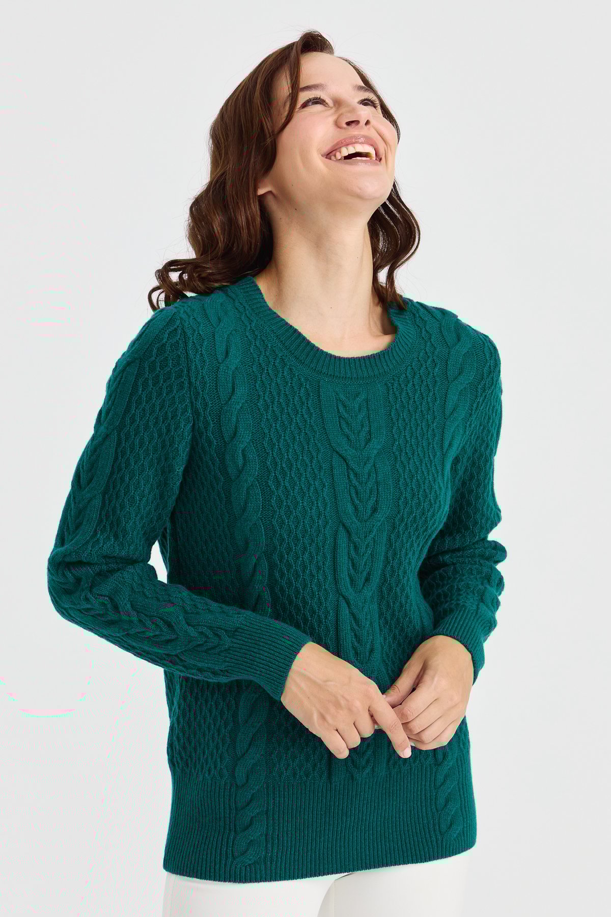 23034Kadın Sıfır Yaka Ortası Saç Örgü Yün Kazak K.Ö.başı