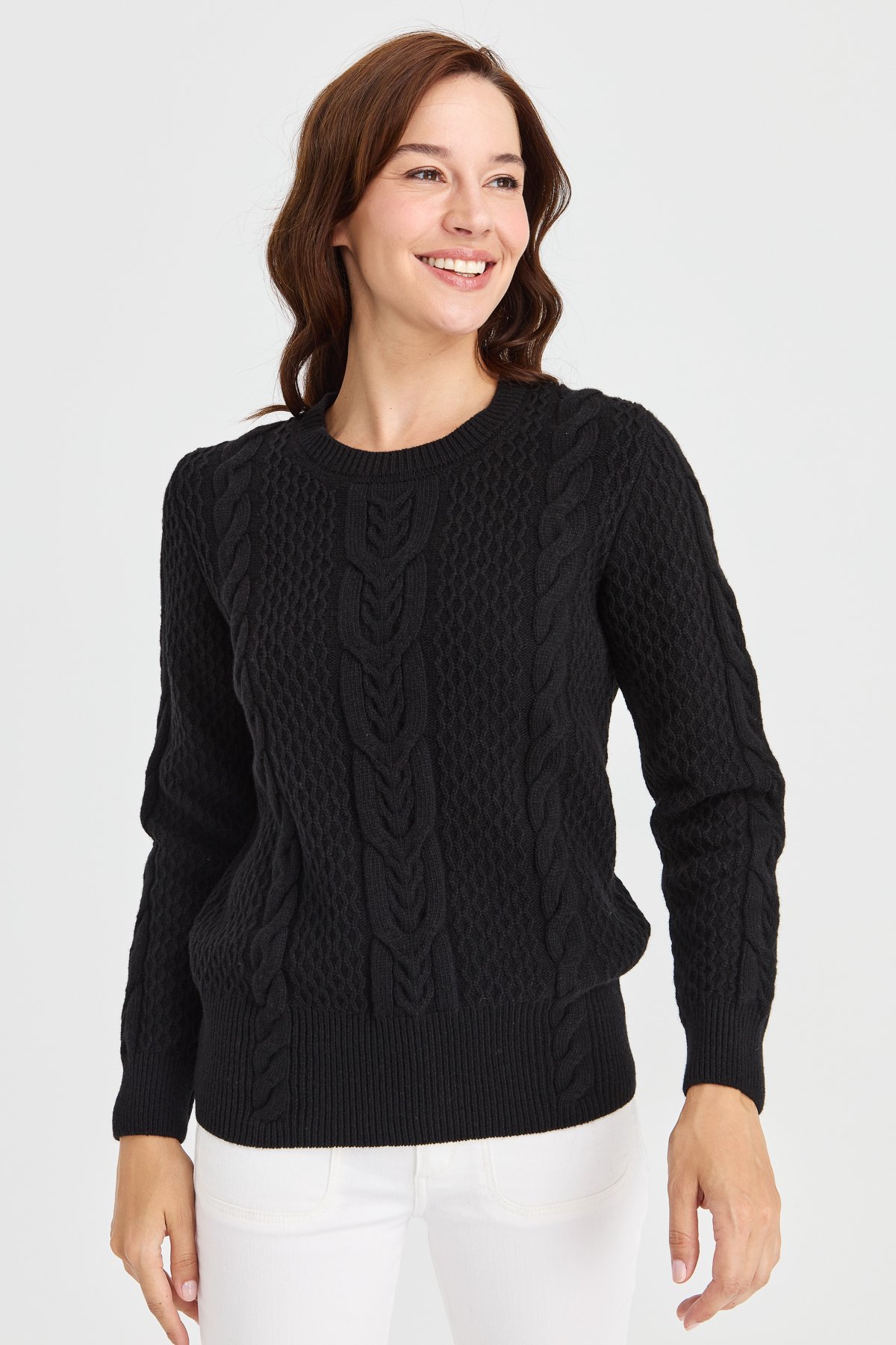 23034Kadın Sıfır Yaka Ortası Saç Örgü Yün Kazak Siyah