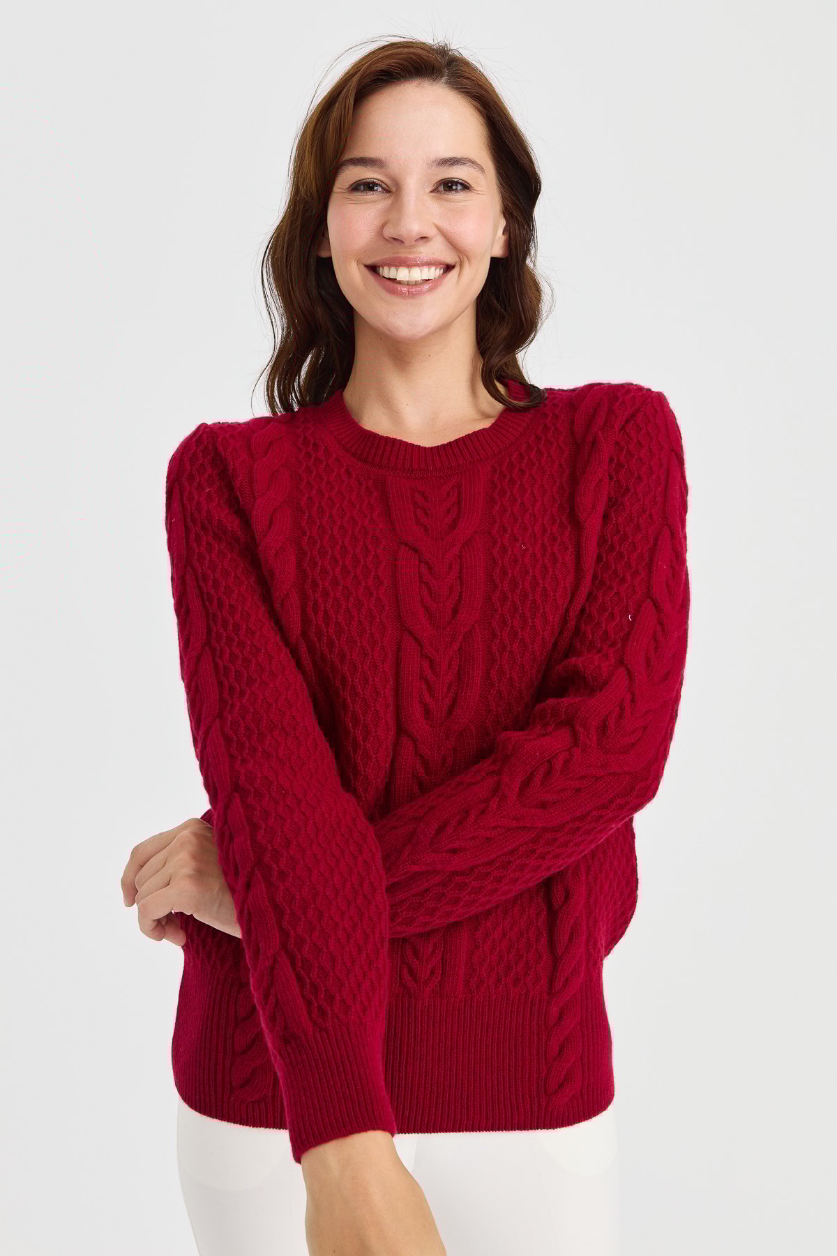 23034Kadın Sıfır Yaka Ortası Saç Örgü Yün Kazak V.Çürüğü