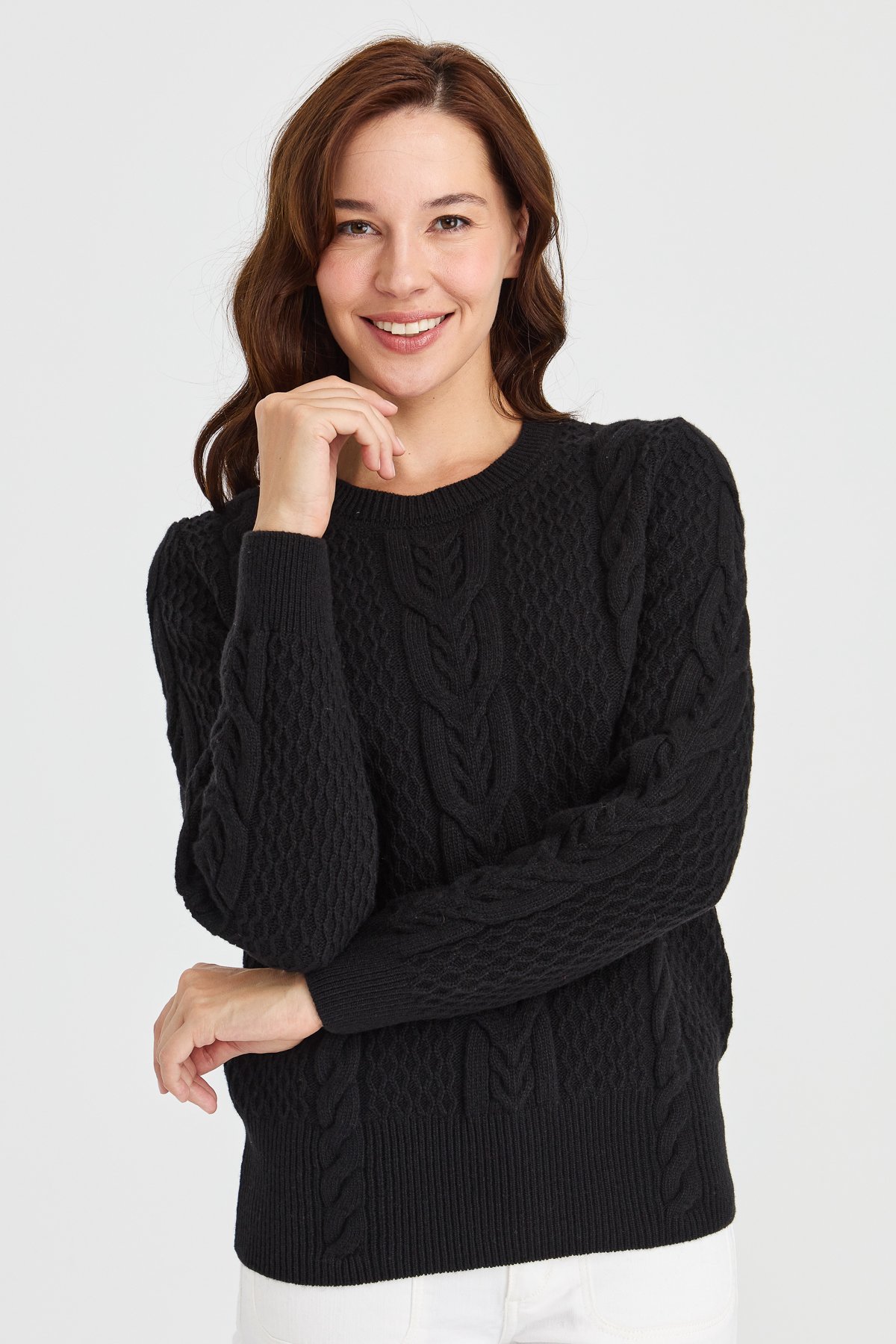 23034Kadın Sıfır Yaka Ortası Saç Örgü Yün Kazak Siyah