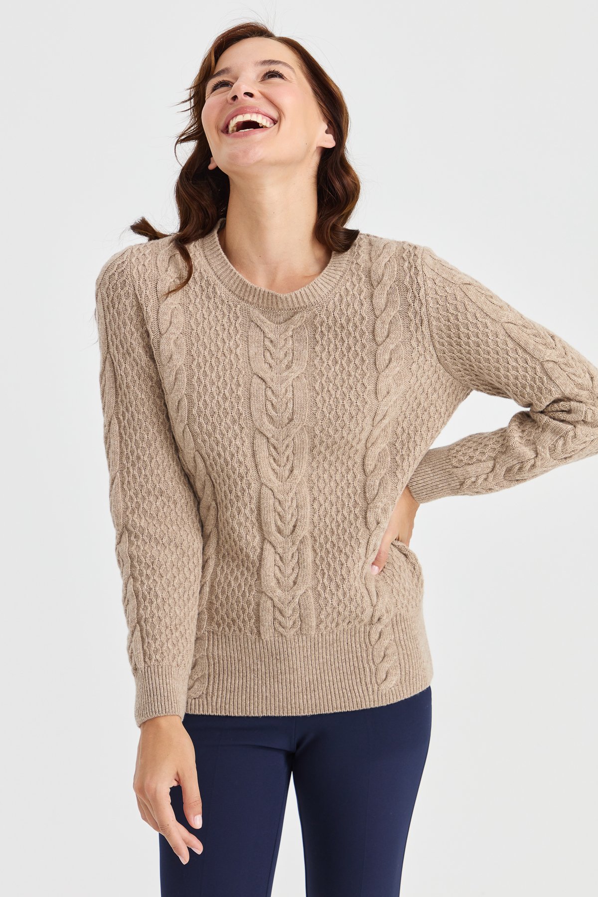 23034Kadın Sıfır Yaka Ortası Saç Örgü Yün Kazak K.Bej