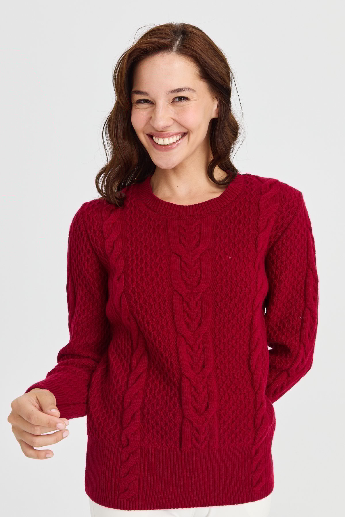 23034Kadın Sıfır Yaka Ortası Saç Örgü Yün Kazak V.Çürüğü