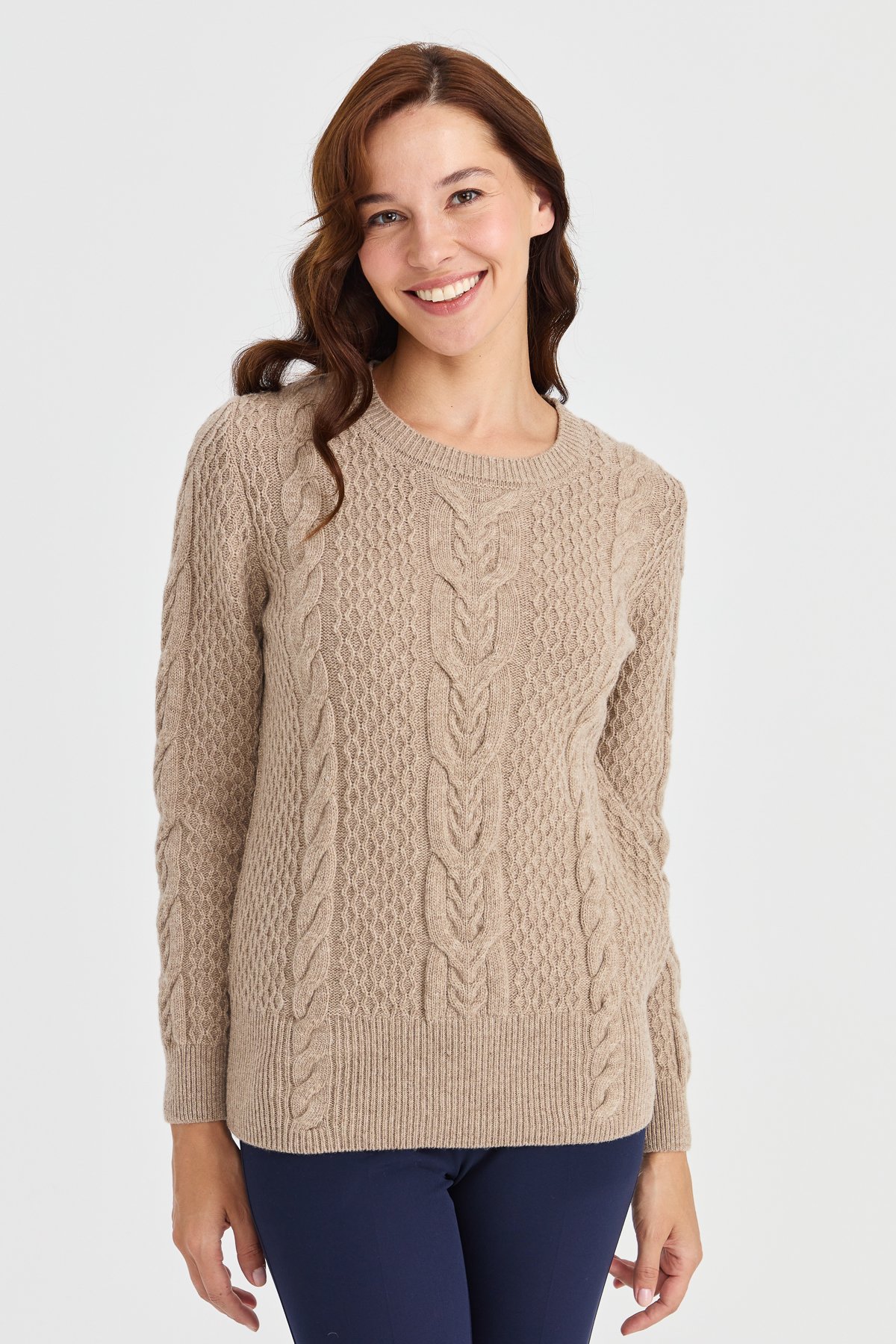 23034Kadın Sıfır Yaka Ortası Saç Örgü Yün Kazak K.Bej