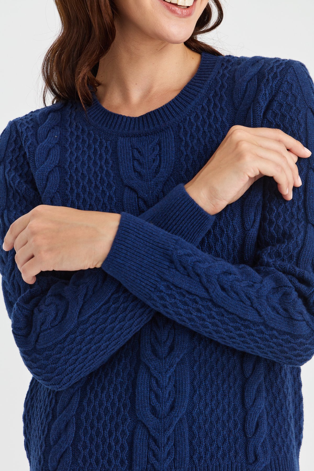 23034Kadın Sıfır Yaka Ortası Saç Örgü Yün Kazak İndigo
