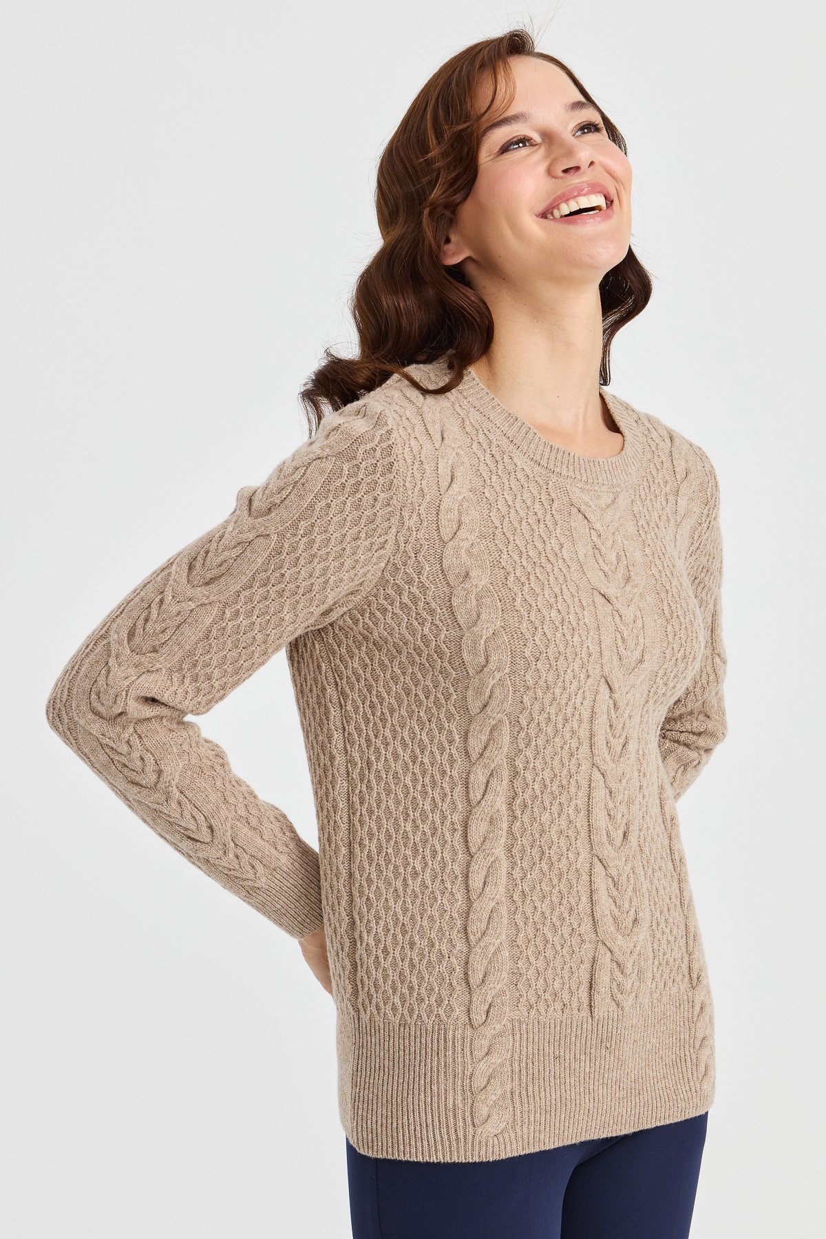 23034Kadın Sıfır Yaka Ortası Saç Örgü Yün Kazak K.Bej