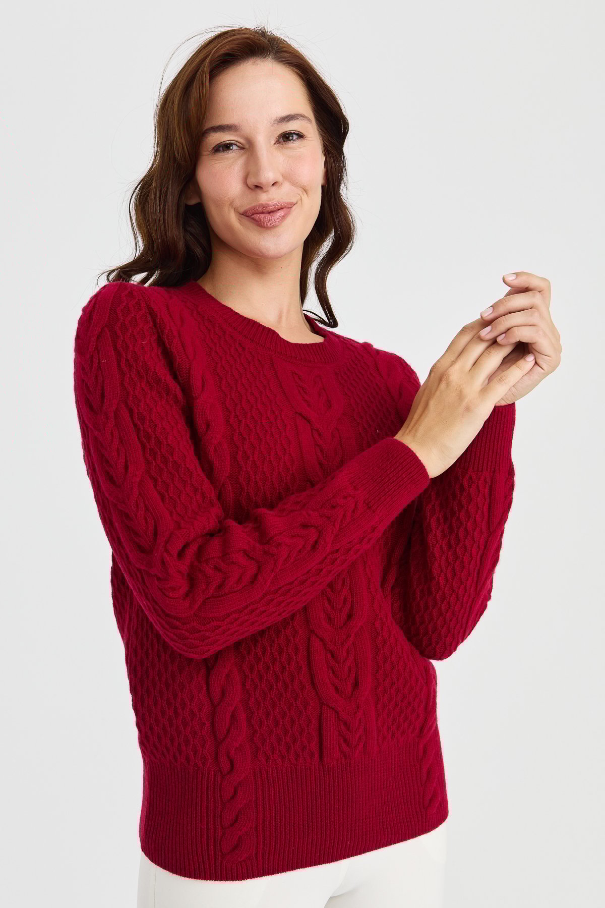 23034Kadın Sıfır Yaka Ortası Saç Örgü Yün Kazak V.Çürüğü