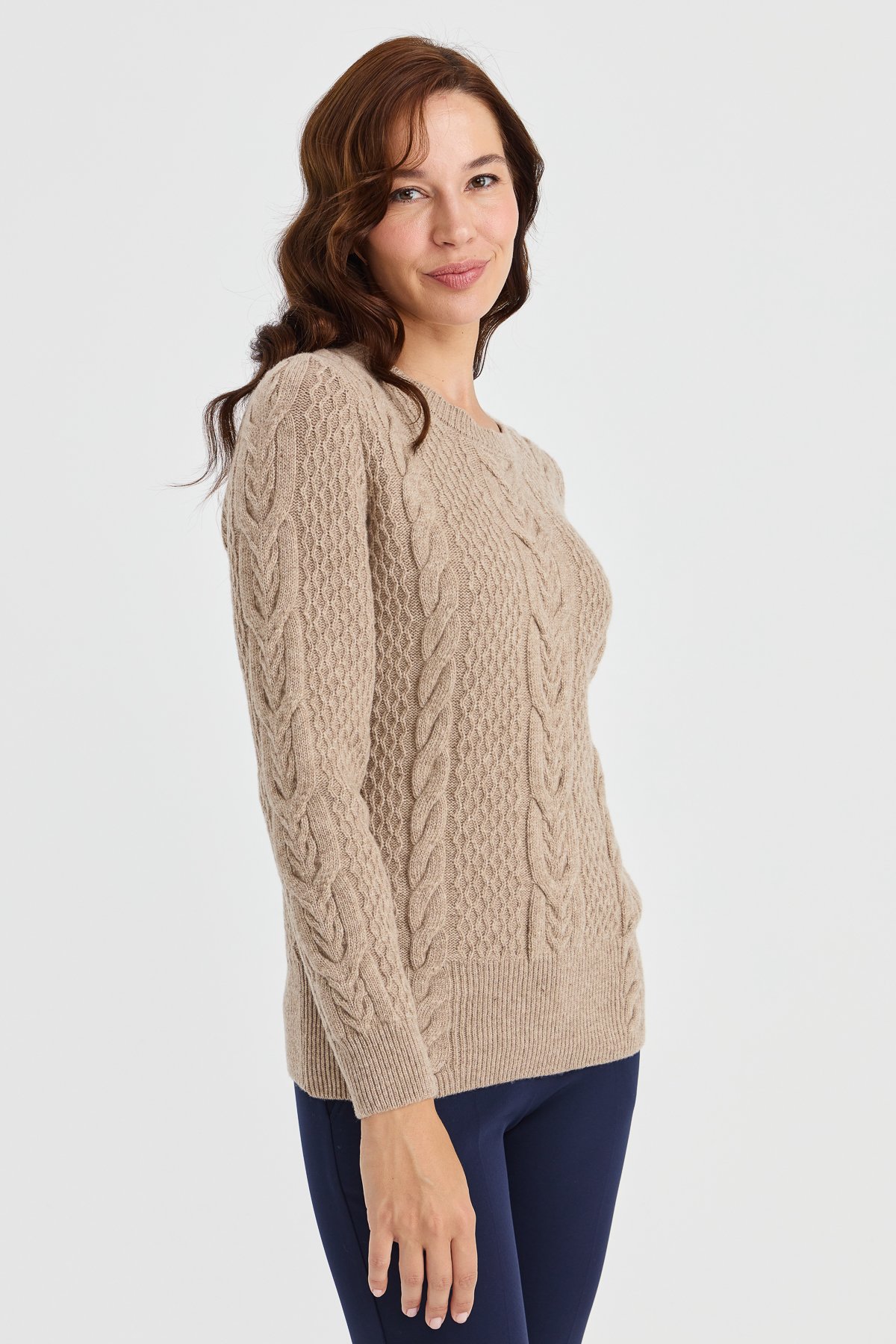 23034Kadın Sıfır Yaka Ortası Saç Örgü Yün Kazak K.Bej