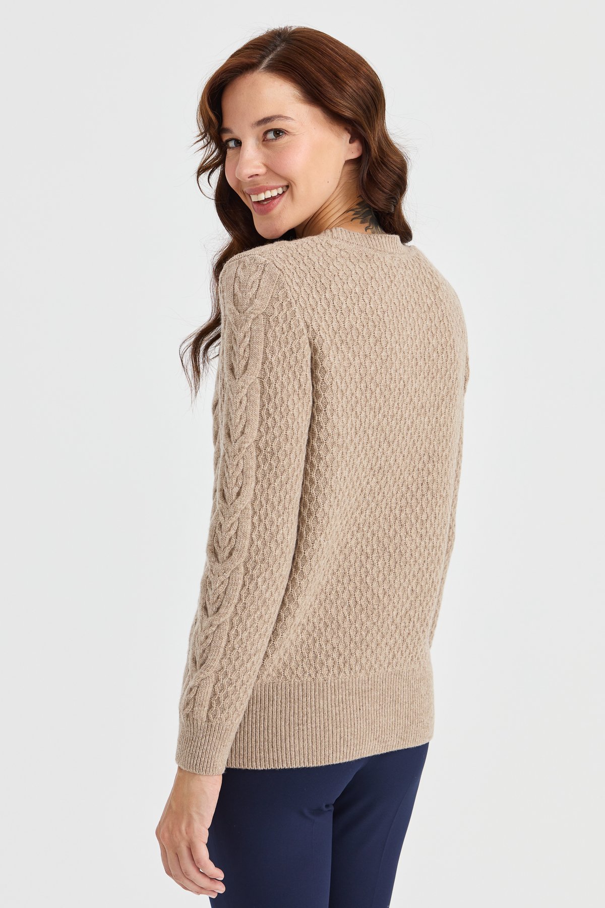 23034Kadın Sıfır Yaka Ortası Saç Örgü Yün Kazak K.Bej