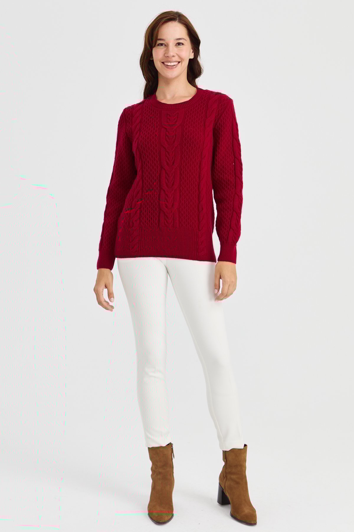 23034Kadın Sıfır Yaka Ortası Saç Örgü Yün Kazak V.Çürüğü