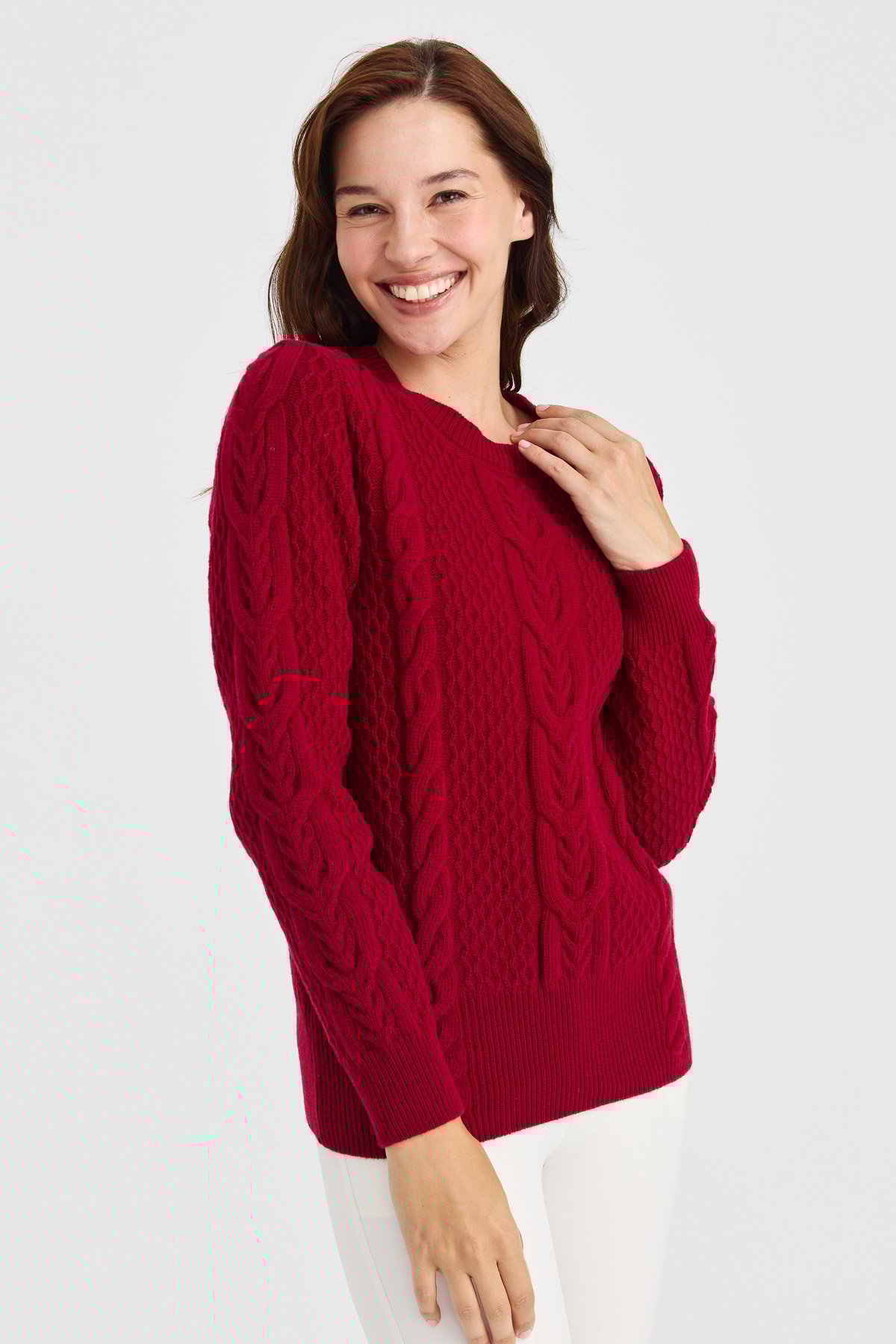 23034Kadın Sıfır Yaka Ortası Saç Örgü Yün Kazak V.Çürüğü