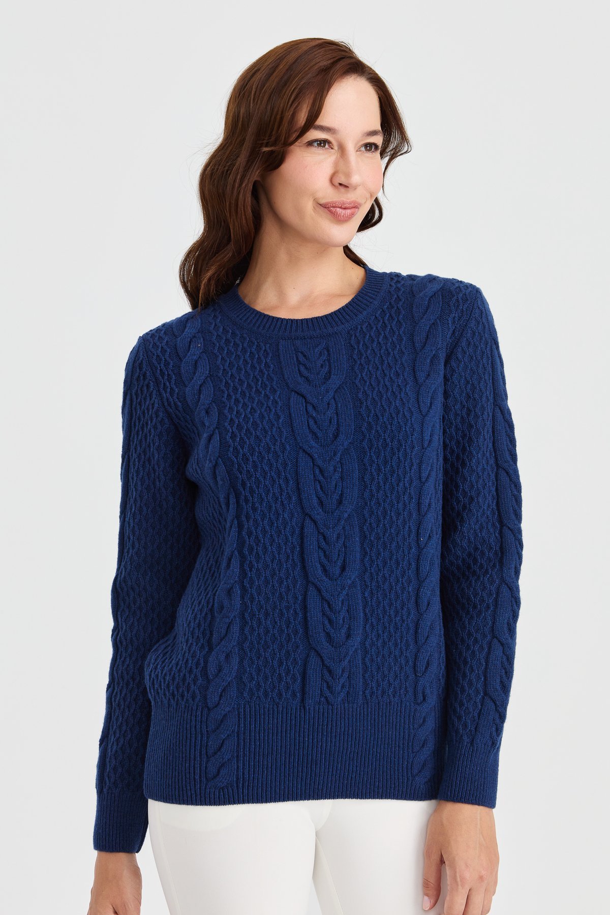 23034Kadın Sıfır Yaka Ortası Saç Örgü Yün Kazak İndigo